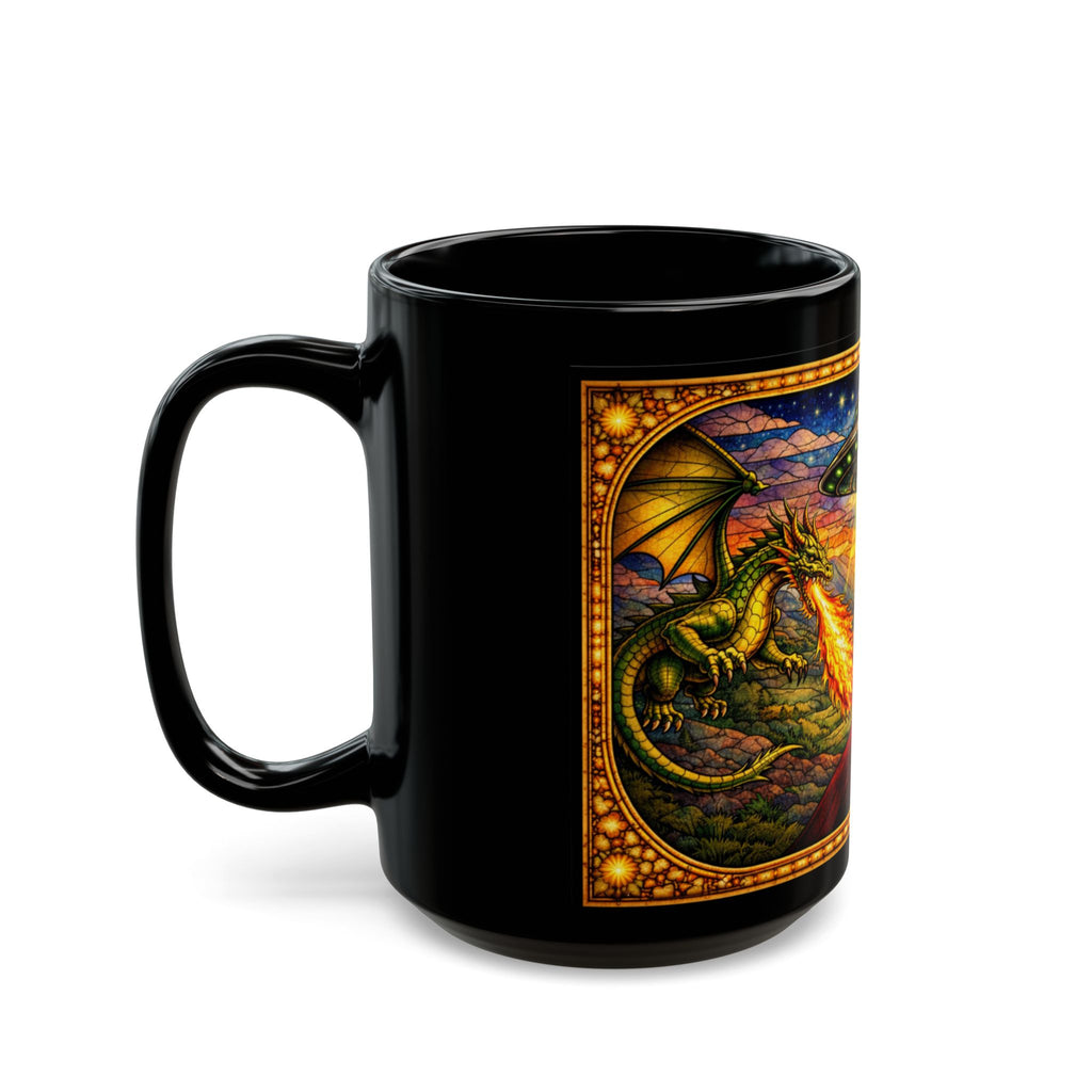 Fantasy Dragon Mug with Medieval Knight & UFO — Black 15 oz Ceramic Coffee Cup - Mutantur Labs LLC