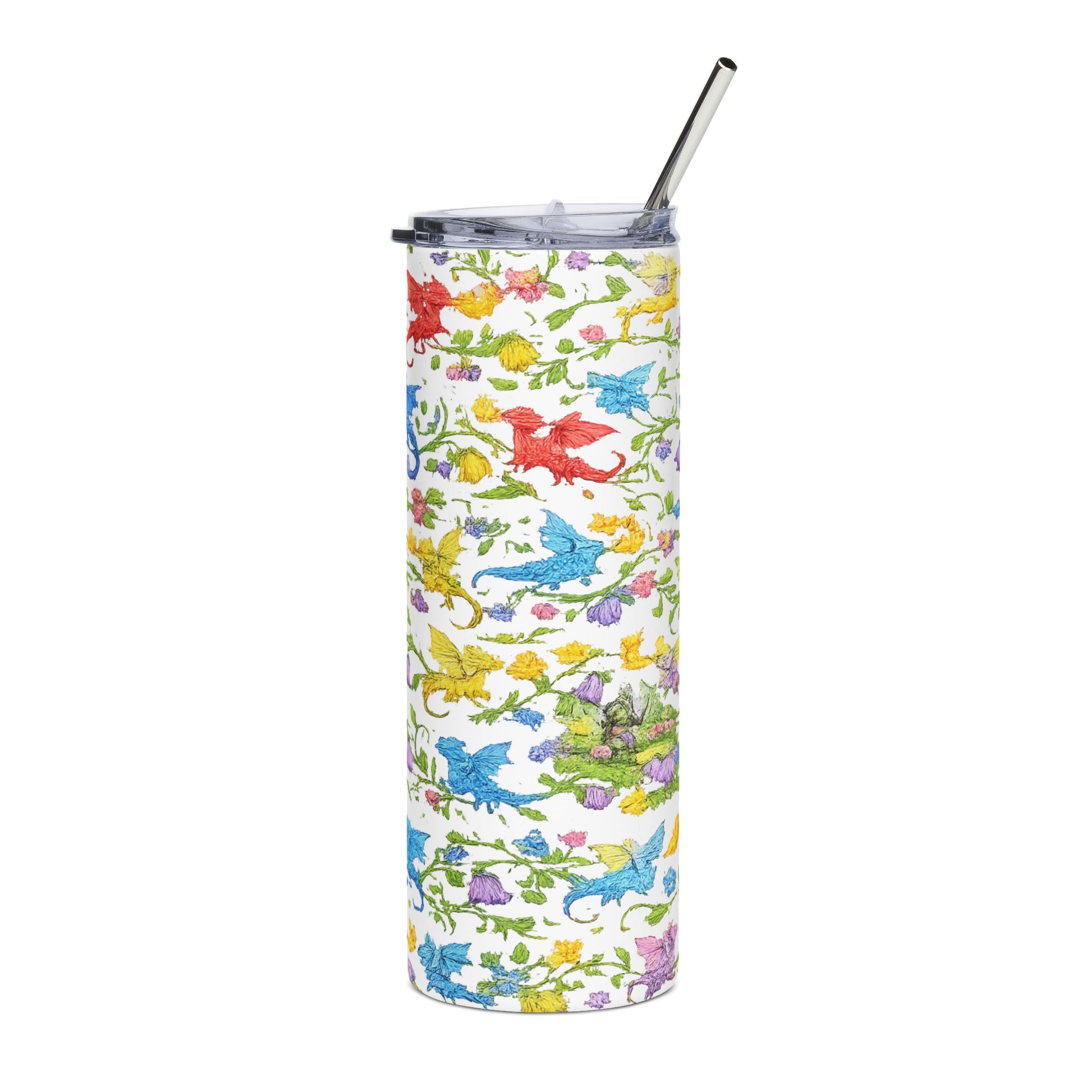 Floral Dragon 20oz Stainless Steel Tumbler — Fantasy Dragon Travel Cup with Vines, Flowers & Hidden Details - Mutantur Labs LLC