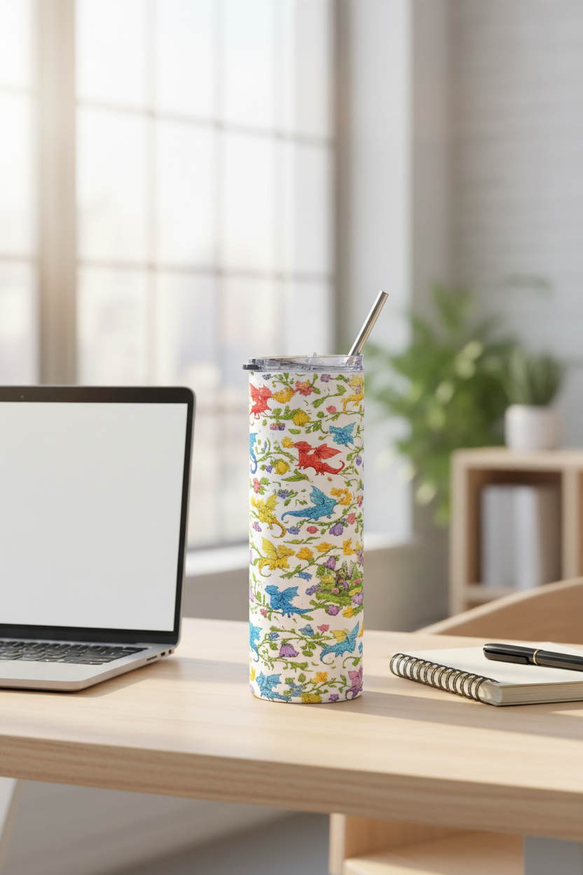 Floral Dragon 20oz Stainless Steel Tumbler — Fantasy Dragon Travel Cup with Vines, Flowers & Hidden Details - Mutantur Labs LLC