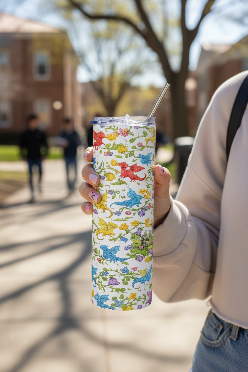 Floral Dragon 20oz Stainless Steel Tumbler — Fantasy Dragon Travel Cup with Vines, Flowers & Hidden Details - Mutantur Labs LLC