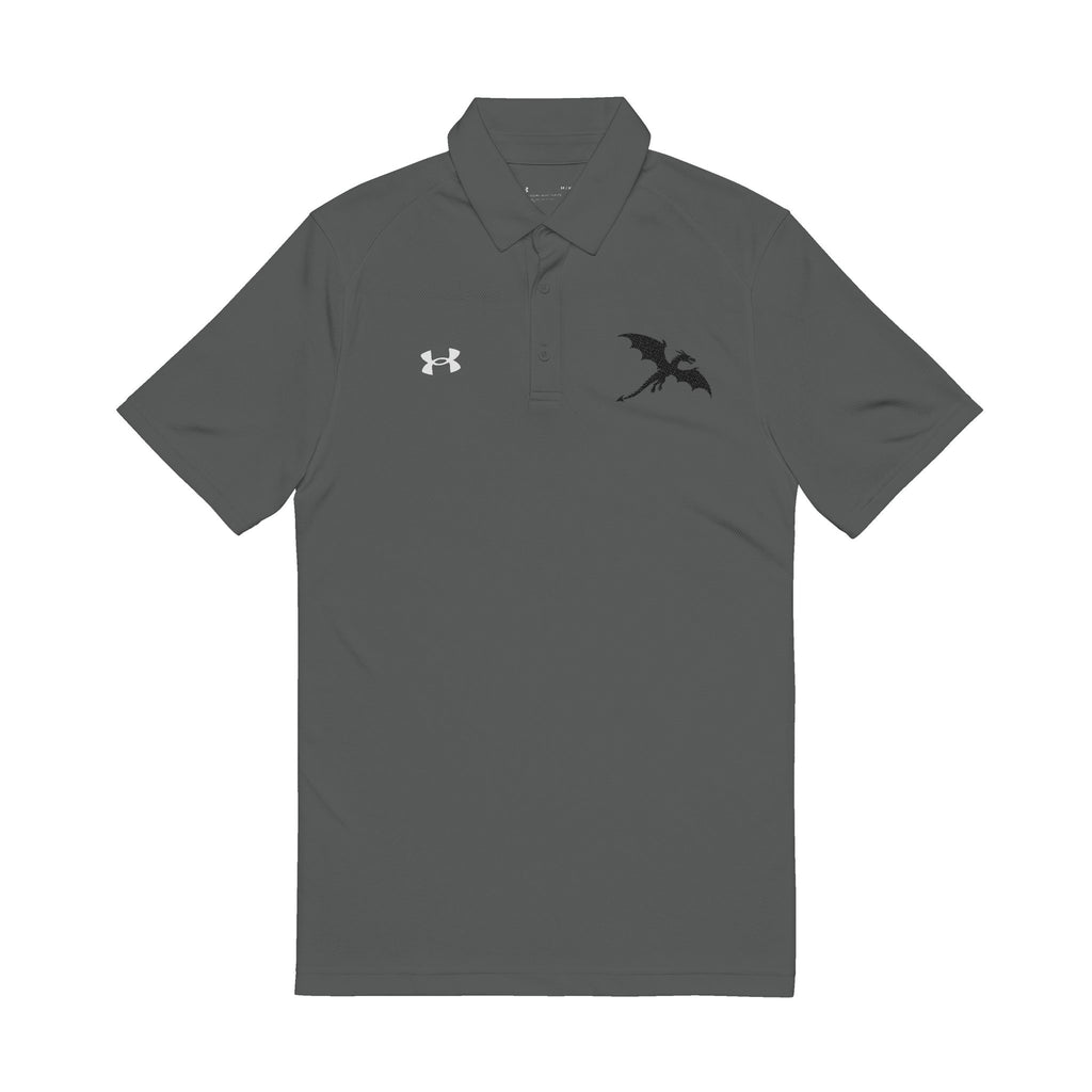 Gray polo shirt with an Under Armour logo and a black dragon on a white background
