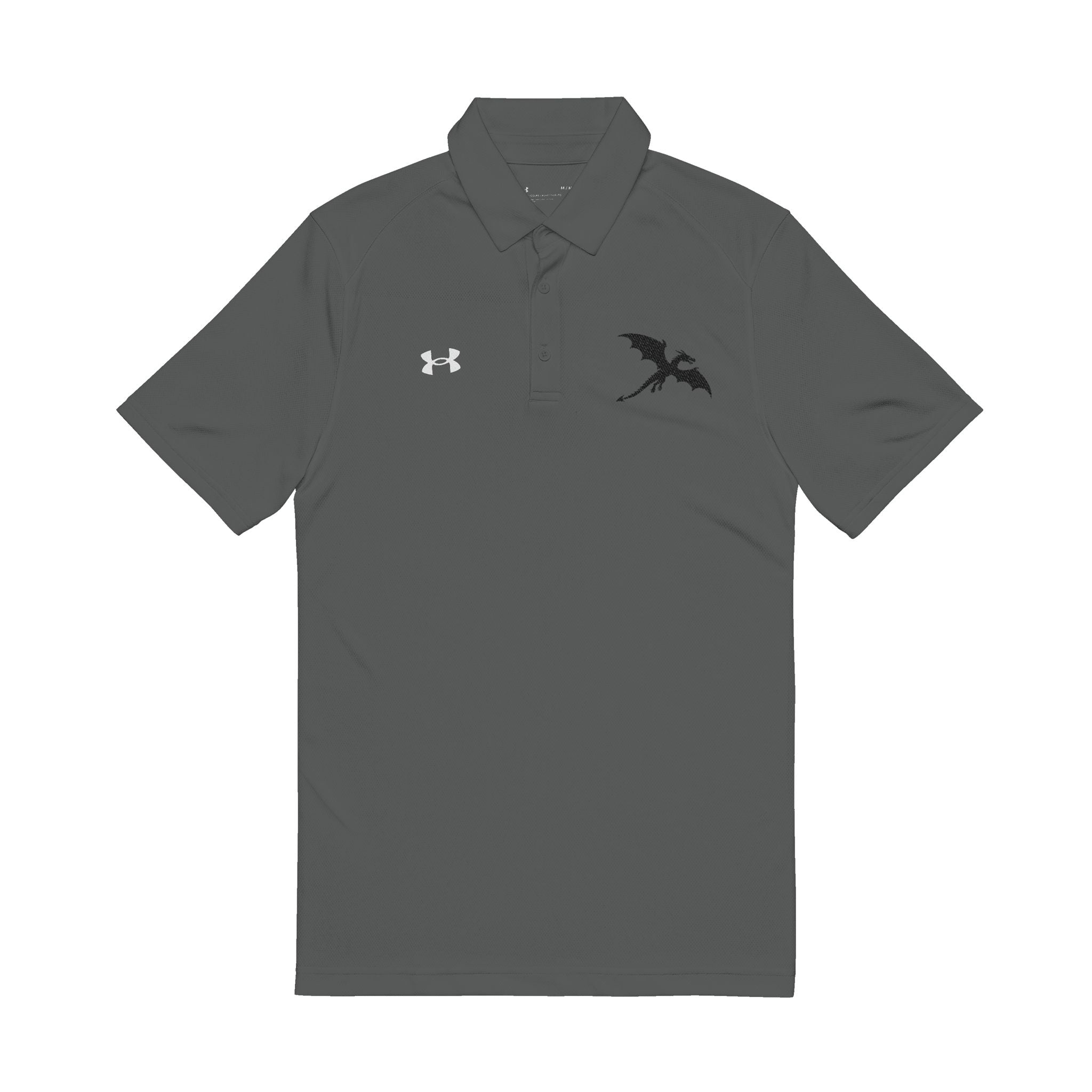 Gray polo shirt with an Under Armour logo and a black dragon on a white background