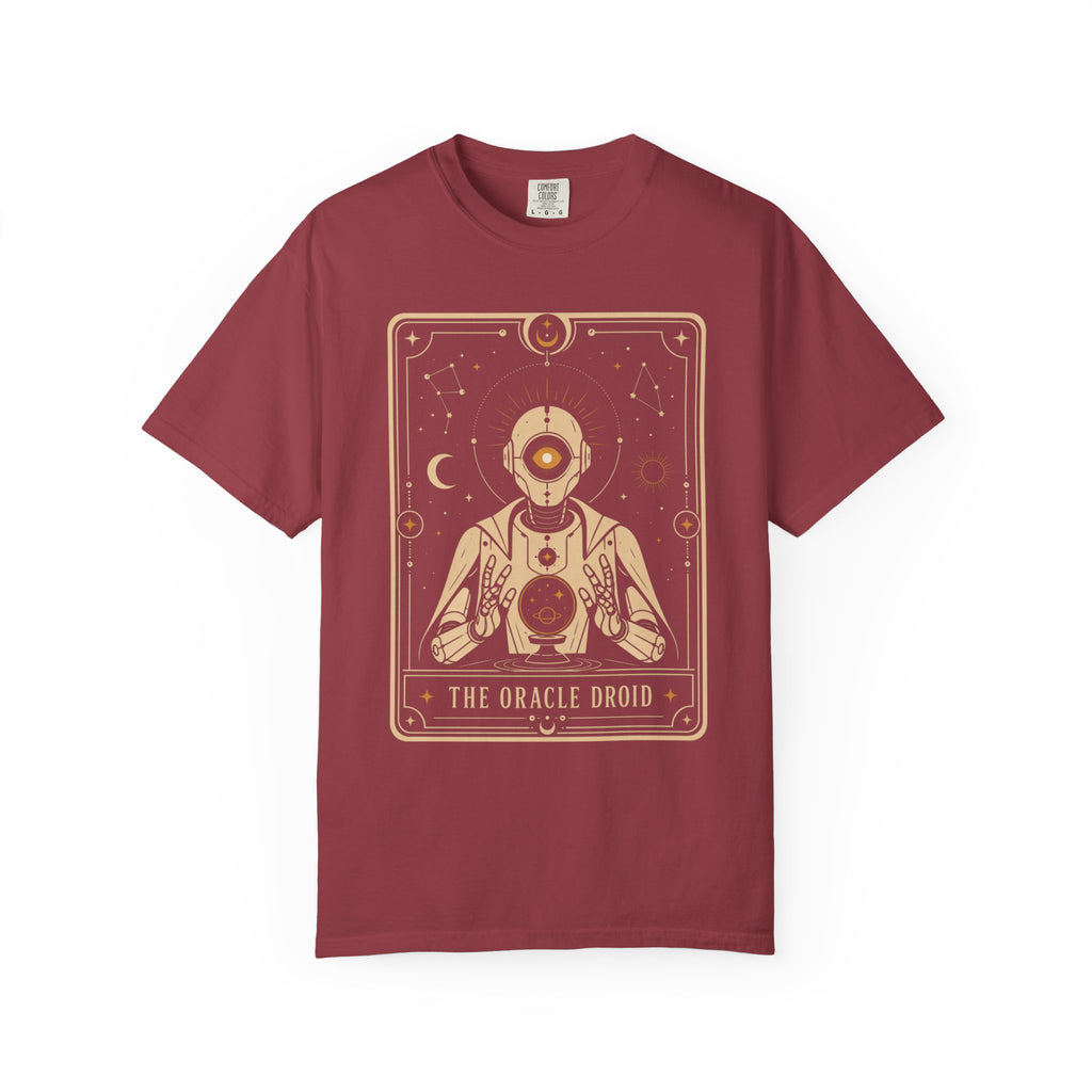 Oracle Droid Tarot T‑Shirt — Retro Sci‑Fi Tarot Robot Graphic Comfort Colors Tee - Mutantur Labs LLC