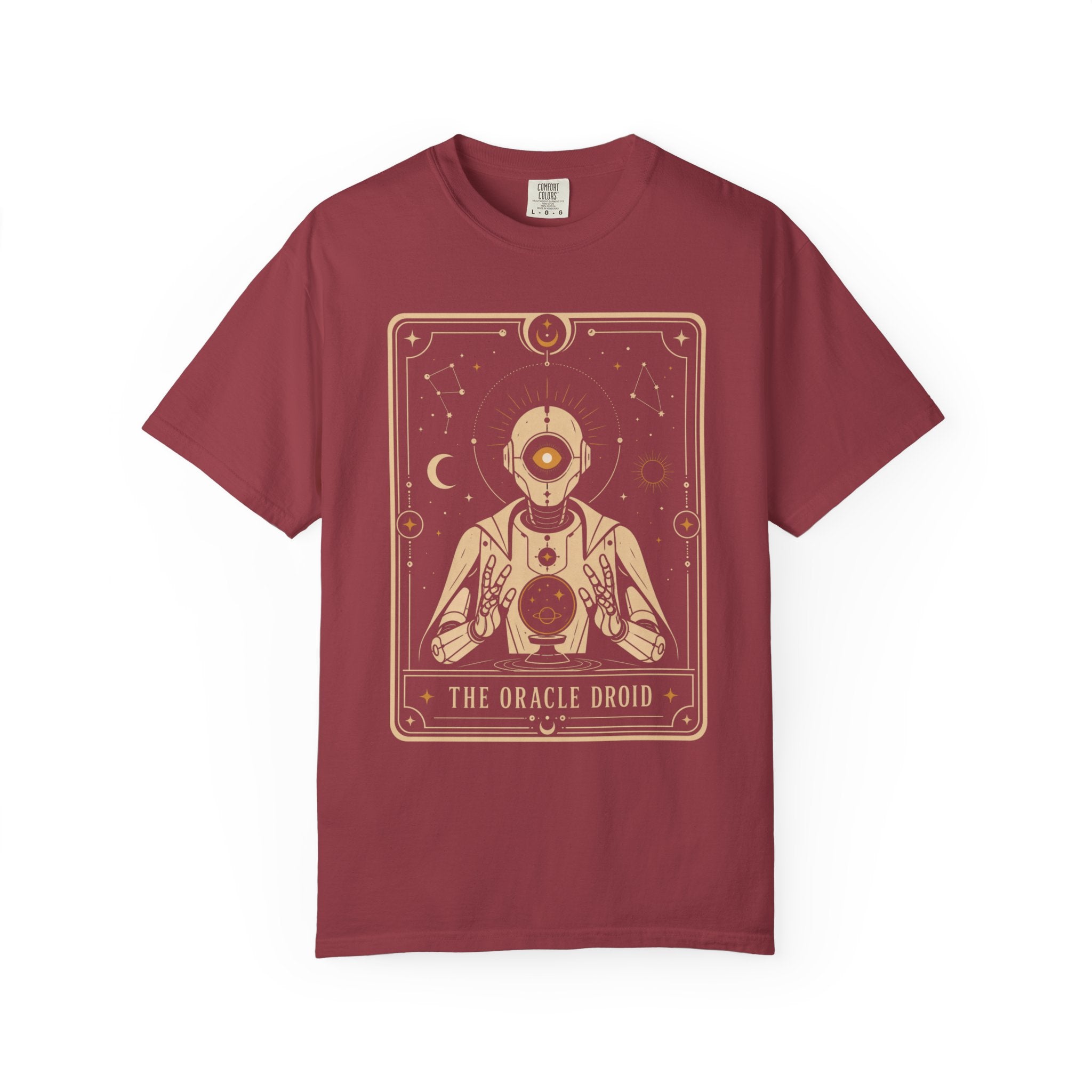 Oracle Droid Tarot T‑Shirt — Retro Sci‑Fi Tarot Robot Graphic Comfort Colors Tee - Mutantur Labs LLC