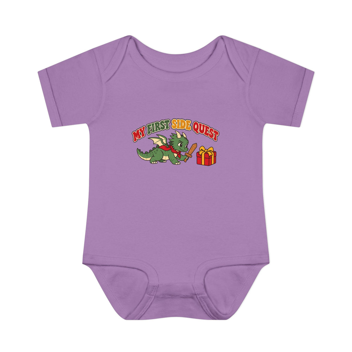 A lavender purple short-sleeve baby bodysuit featuring a cartoon graphic of a green dragon with a sword and shield next to a red gift box, with the text 'MY FIRST SIDE QUEST' printed above it.