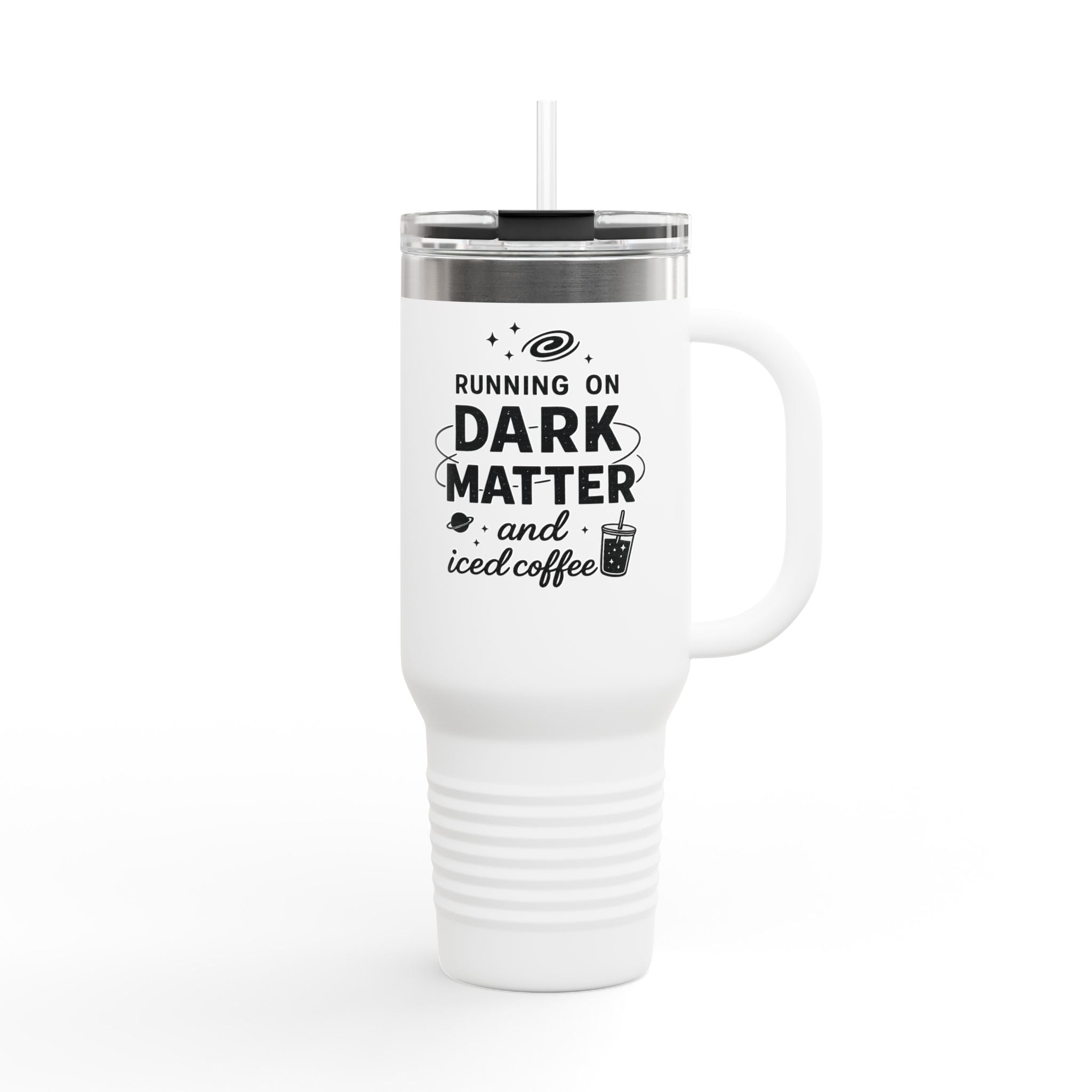 Running on Dark Matter and Iced Coffee 40oz Travel Mug — Gift for Science Lovers - Mutantur Labs LLC