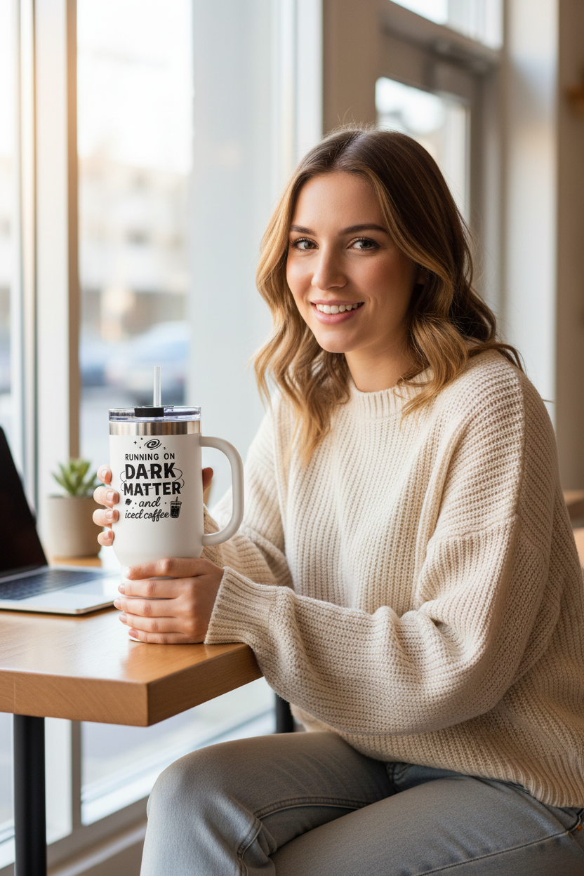 Running on Dark Matter and Iced Coffee 40oz Travel Mug — Gift for Science Lovers - Mutantur Labs LLC