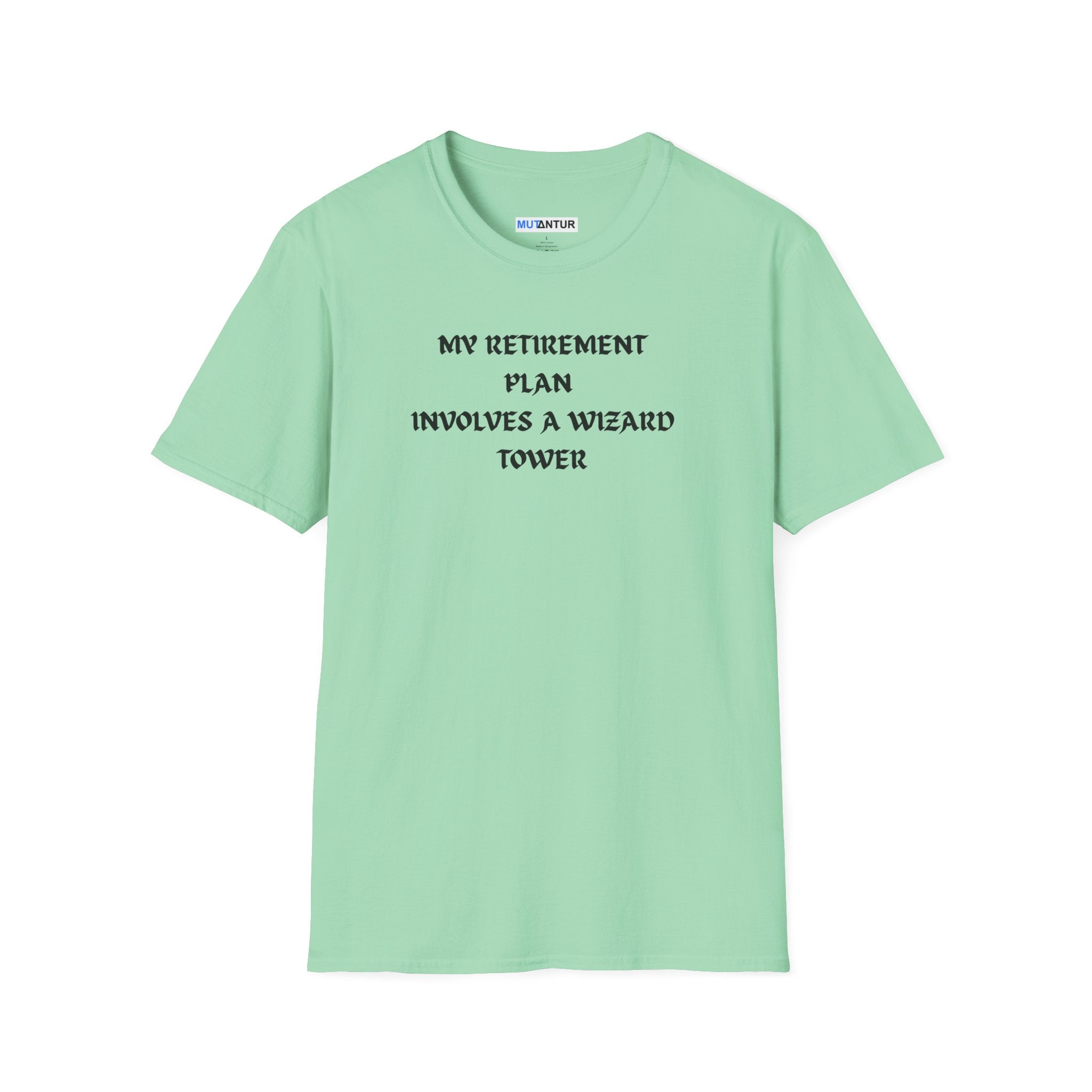 An mint green short-sleeve crewneck t-shirt with black printed text on the chest reading 'MY RETIREMENT PLAN INVOLVES A WIZARD TOWER'.
