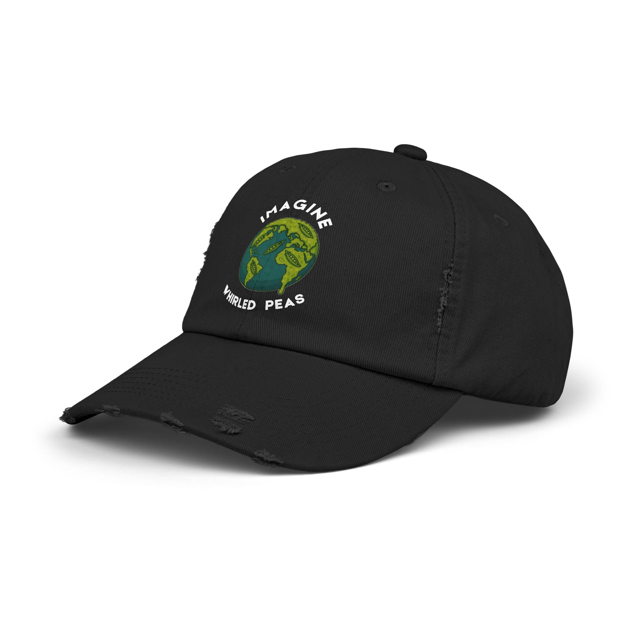 Imagine Whirled Peas pun Unisex Distressed Cap with Planet design - Mutantur Labs LLC