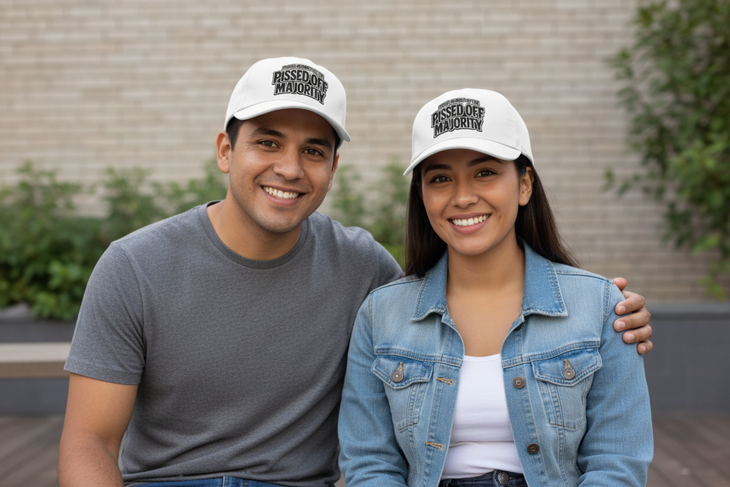 A Hispanic couple wearing matching whit baseball hats with the phrase ' Proud Member of the Pissed off Majority' in black text
