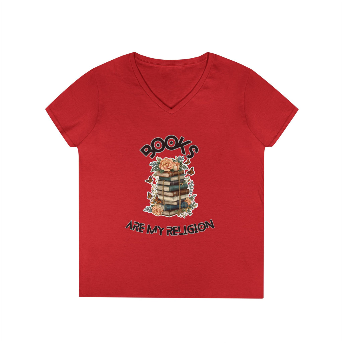 Books Are My Religion floral book stack graphic v-neck tee in red, front view