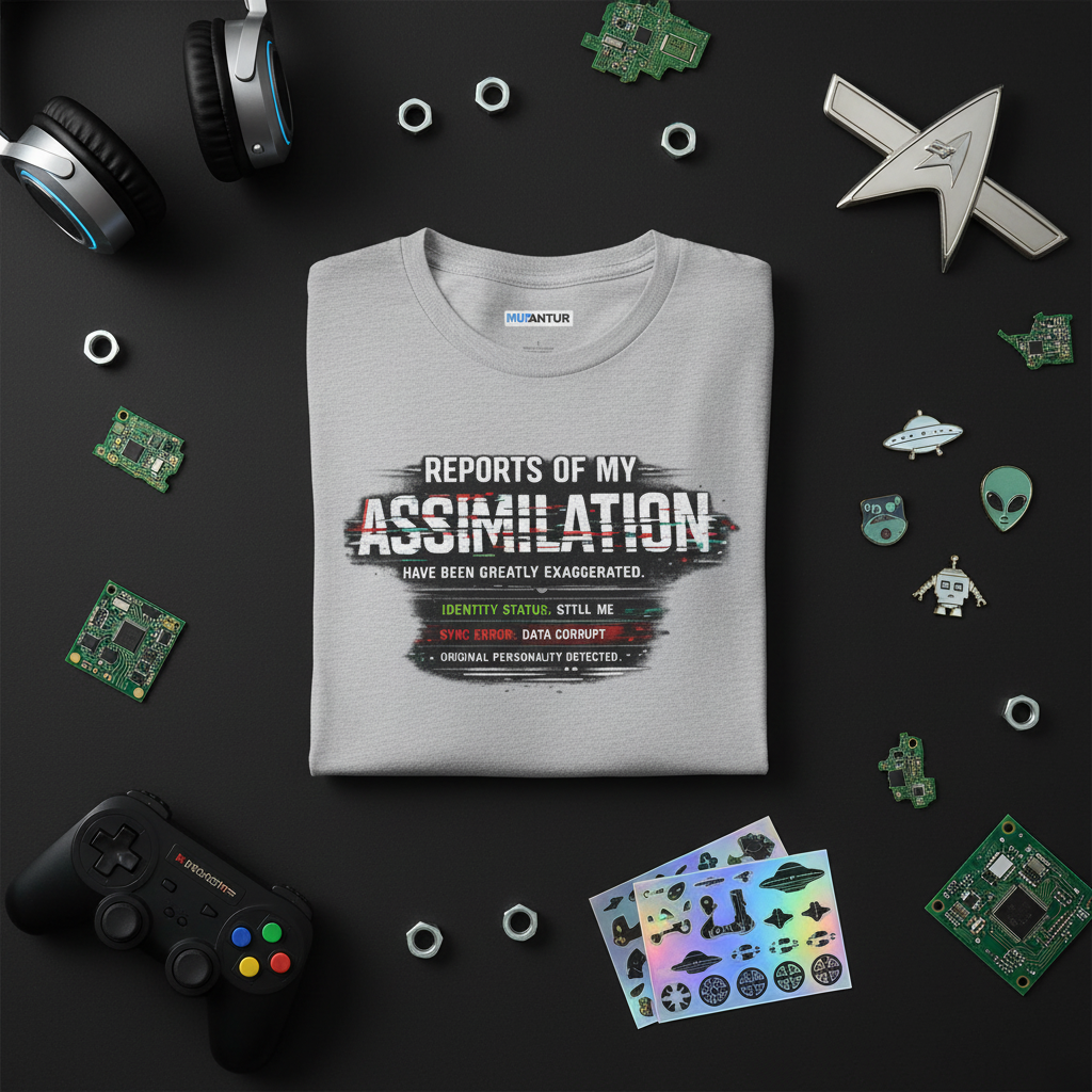 Reports of My Assimilation funny sci-fi glitch graphic tee, close-up of design