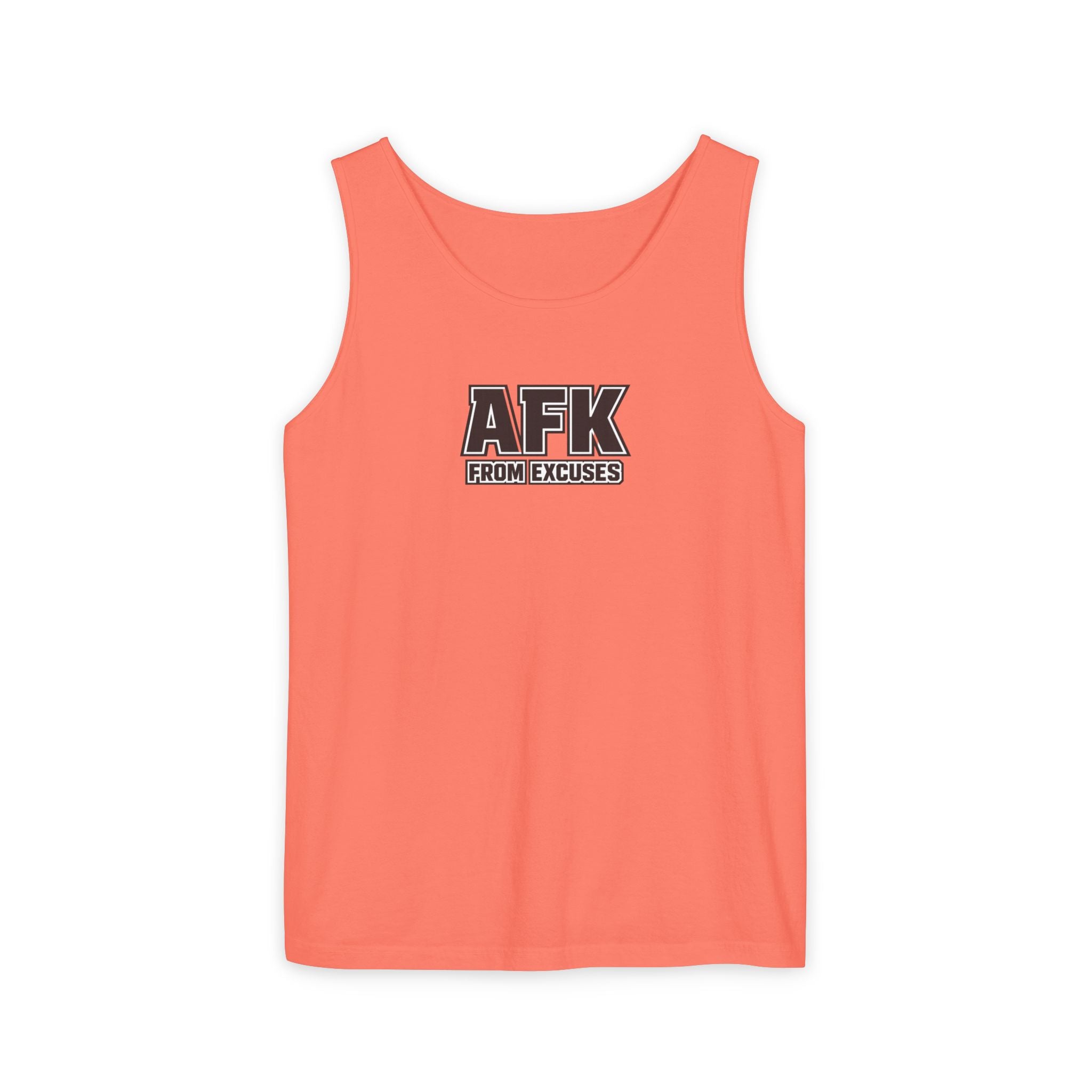 Coral tank top with 'AFK FROM EXCUSES' text on a white background