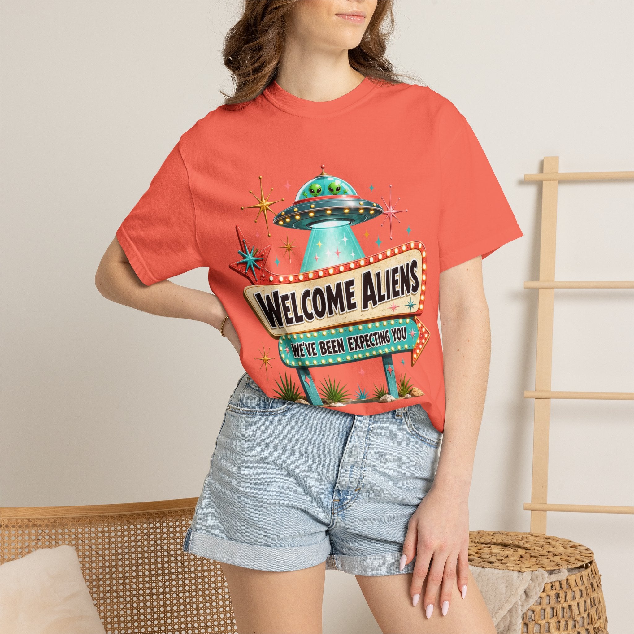 Welcome Aliens retro UFO Las Vegas sign Comfort Colors graphic tee, back view