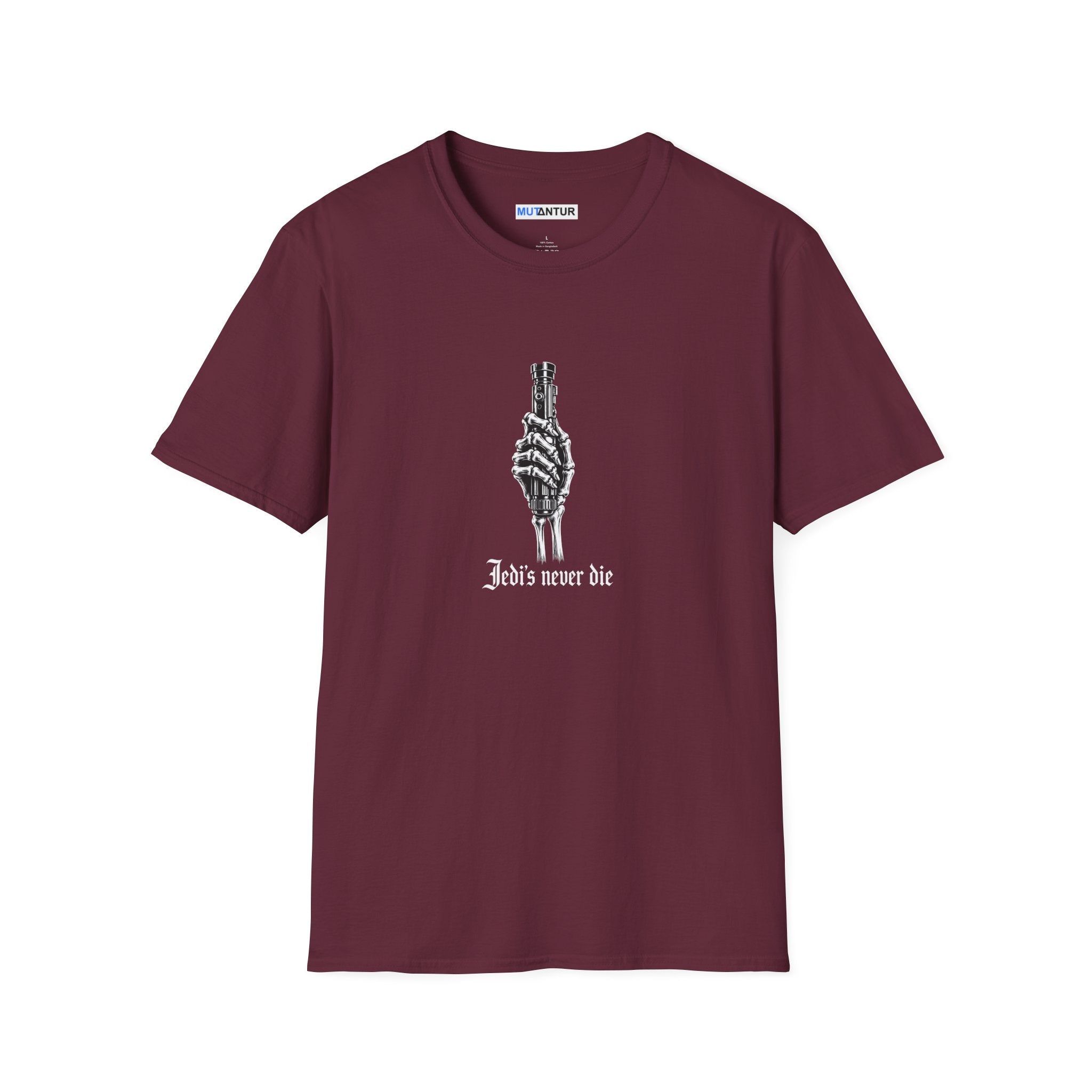Maroon T-shirt depicting a skeleton hand holding a Light Saber hilt with the words Jedis Never Die
