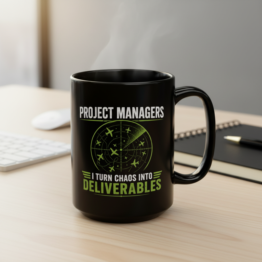 A black ceramic mug with a printed graphic that reads 'PROJECT MANAGERS I TURN CHAOS INTO DELIVERABLES' in white and neon green text, featuring a green radar screen graphic in the center, shown on a plain white background.
