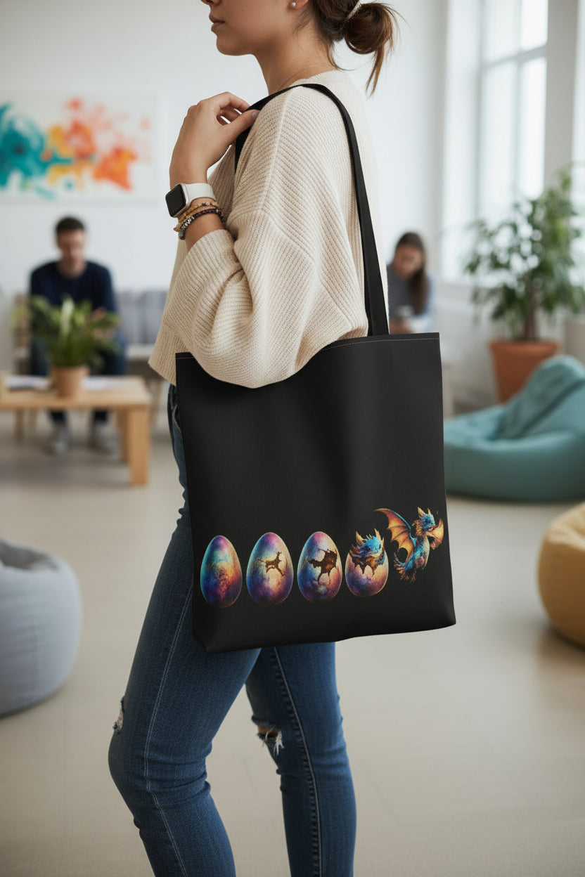 Dragon Hatchling Tote Bag | Cute Baby Dragon Hatching from Egg Fantasy Bag - Mutantur Labs LLC
