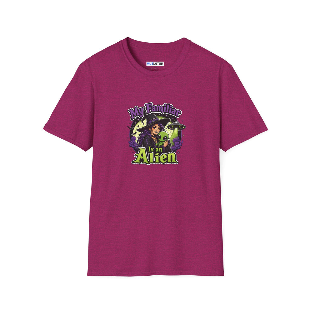 A pink short-sleeve t-shirt with a colorful graphic on the chest that reads 'My Family is an Alien' featuring a witch and green aliens