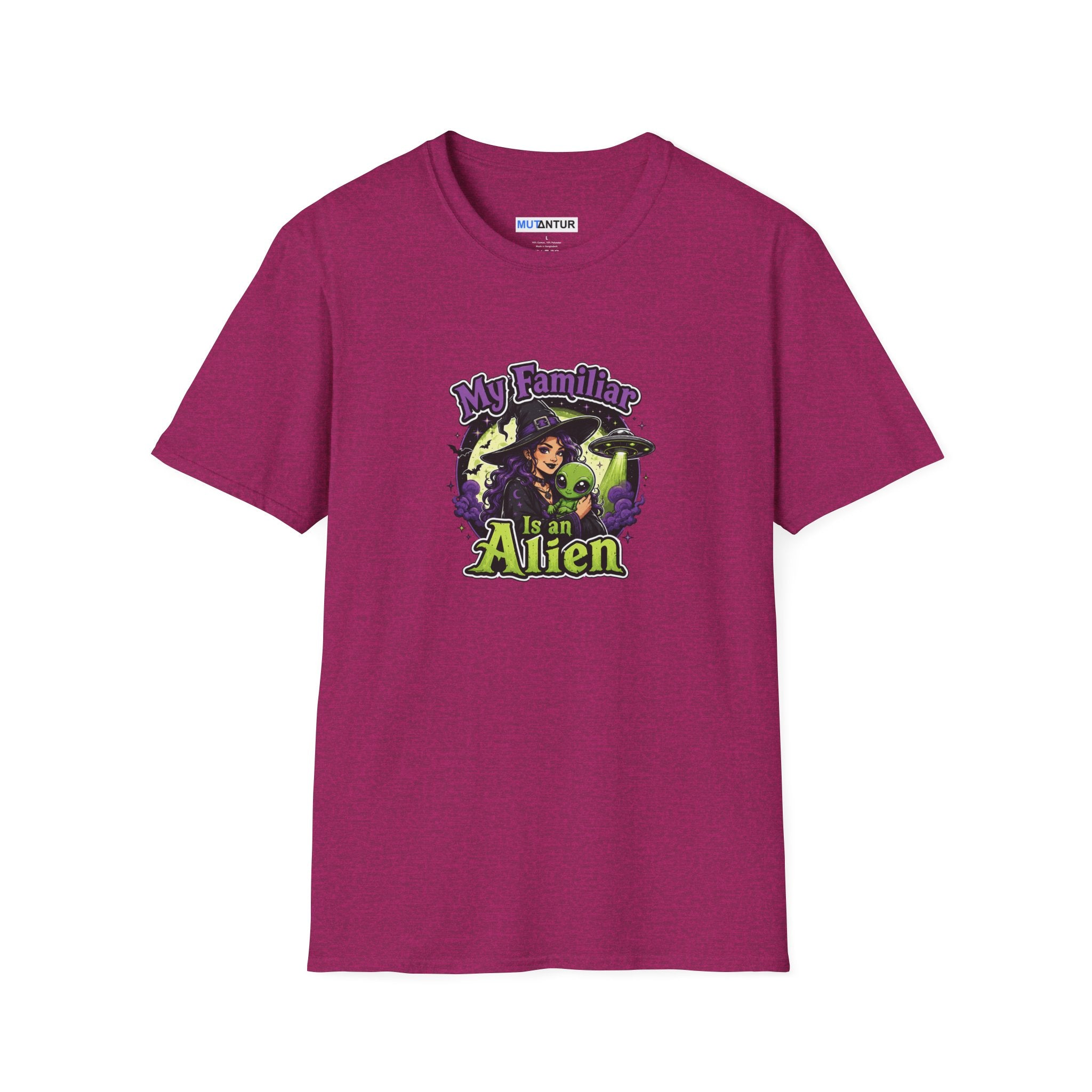 A pink short-sleeve t-shirt with a colorful graphic on the chest that reads 'My Family is an Alien' featuring a witch and green aliens