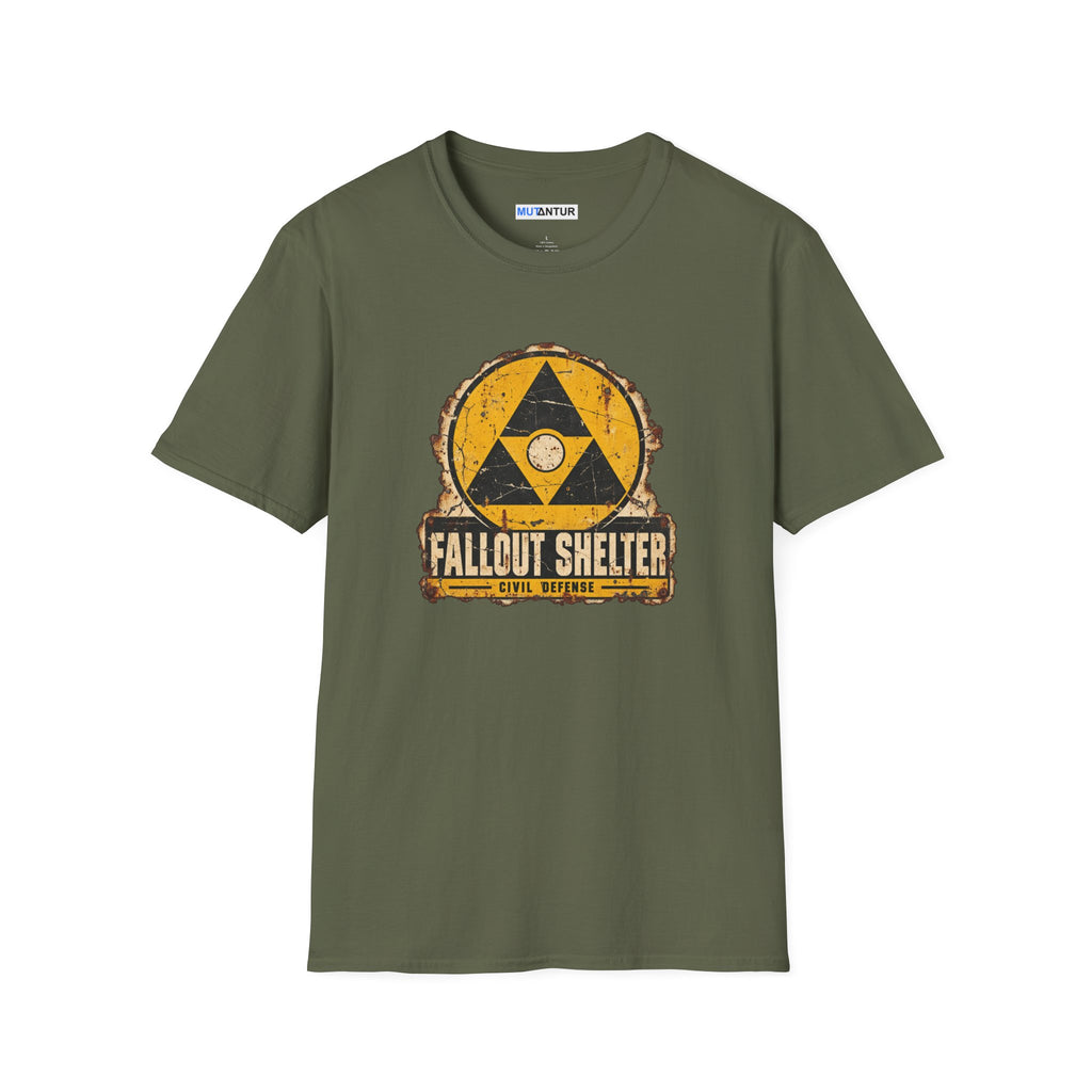 An army green  crew neck shirt with a vintage graphic depicting a  yellow and black  Fallout Shelter design with the words Civil Defense at the bottom against a white background