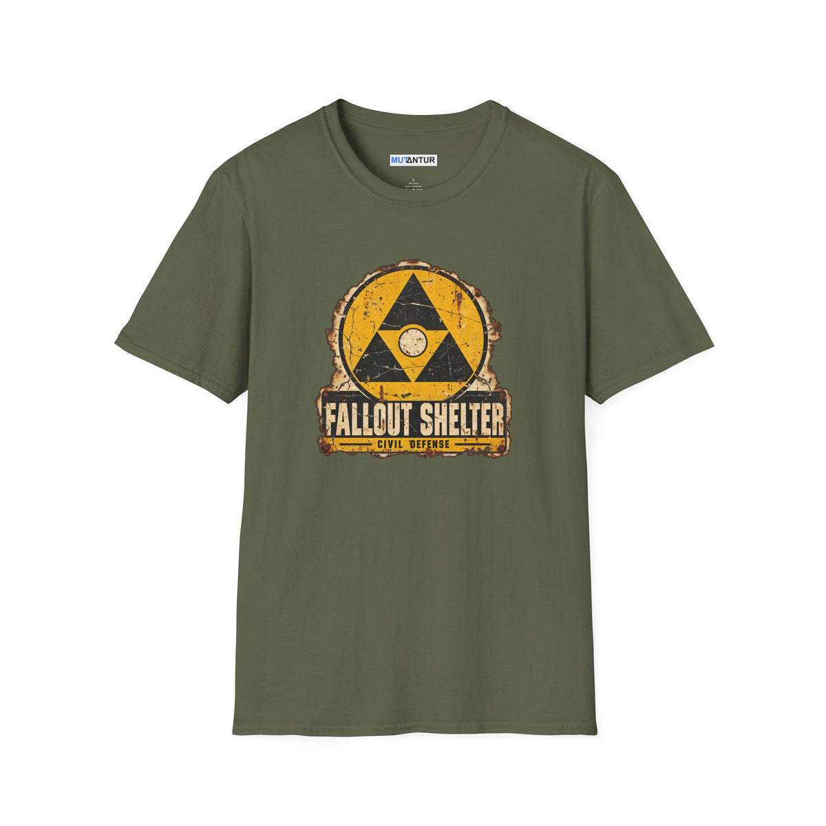 An army green  crew neck shirt with a vintage graphic depicting a  yellow and black  Fallout Shelter design with the words Civil Defense at the bottom against a white background