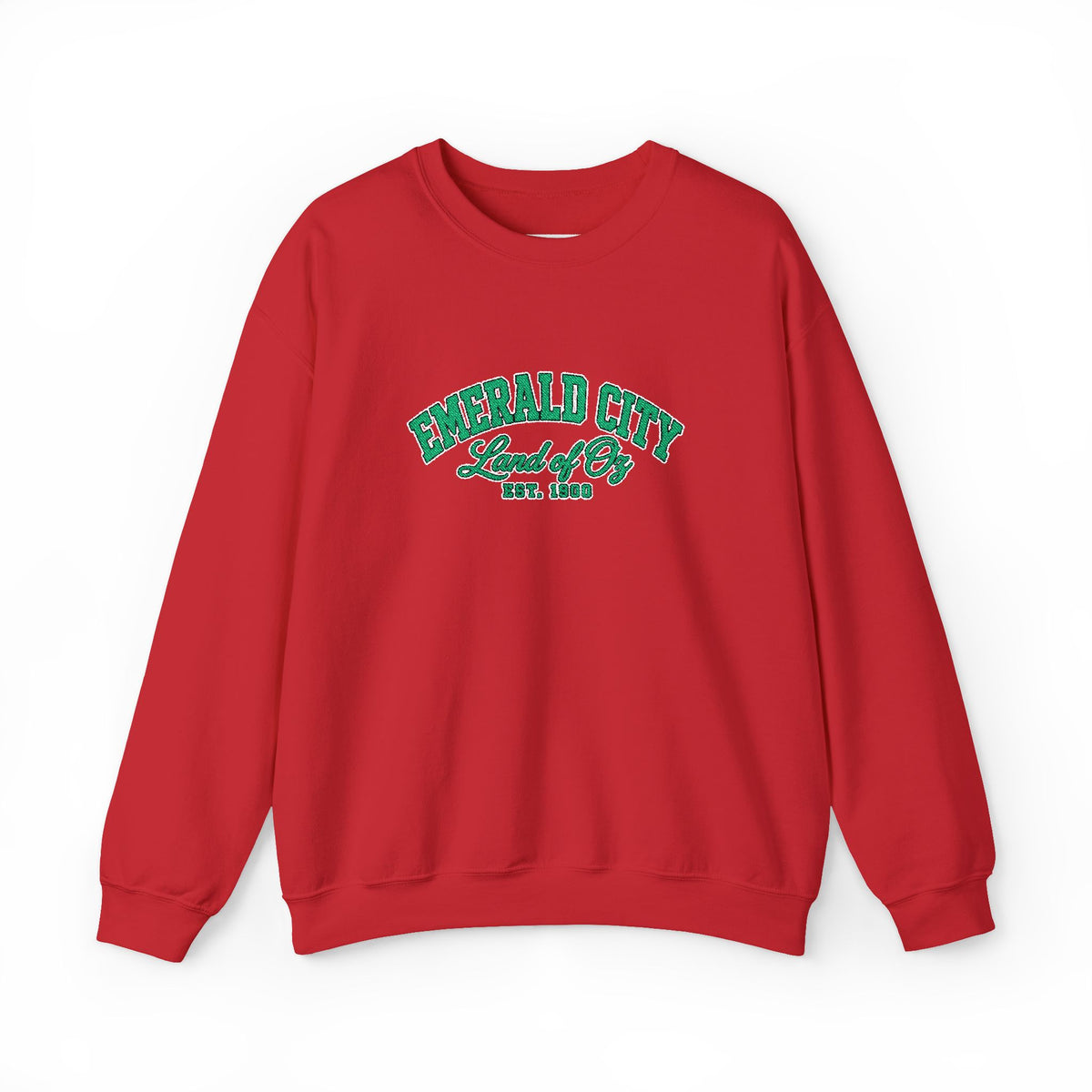A red crewneck sweatshirt with 'EMERALD CITY Land of Oz EST. 1900' printed in green varsity-style lettering on the chest, displayed against a clean white background.