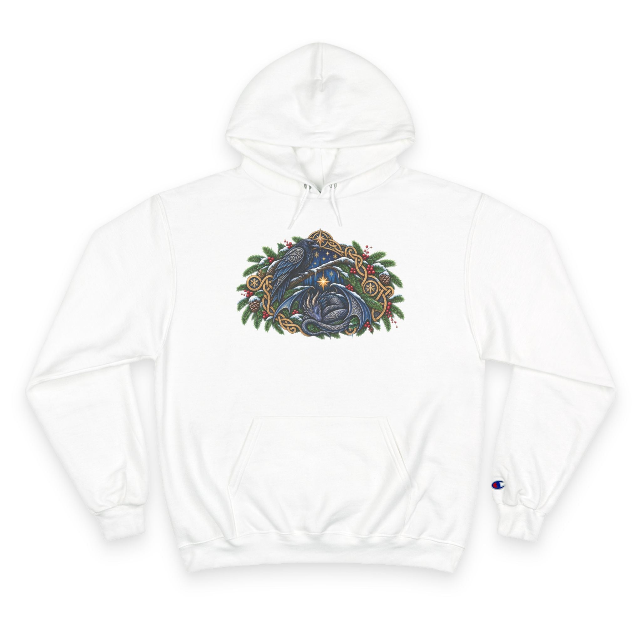 A white pullover hoodie featuring a detailed graphic of a blue raven and a dragon surrounded by green pine boughs  A small blue Champion 'C' logo is visible on the left sleeve cuff. against a white background