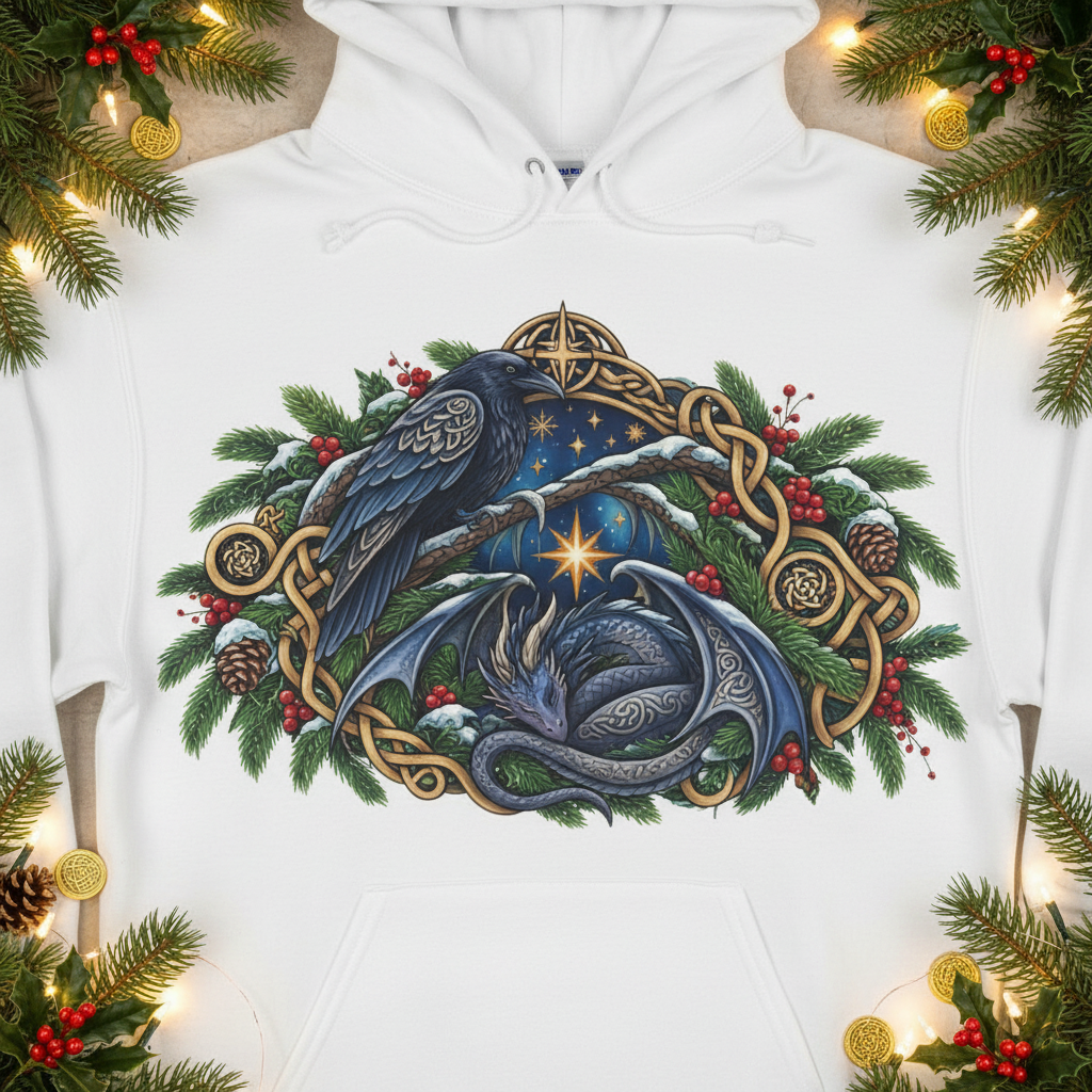 Celtic-Inspired Raven & Dragon Champion Hoodie — Fantasy Holiday Sweatshirt