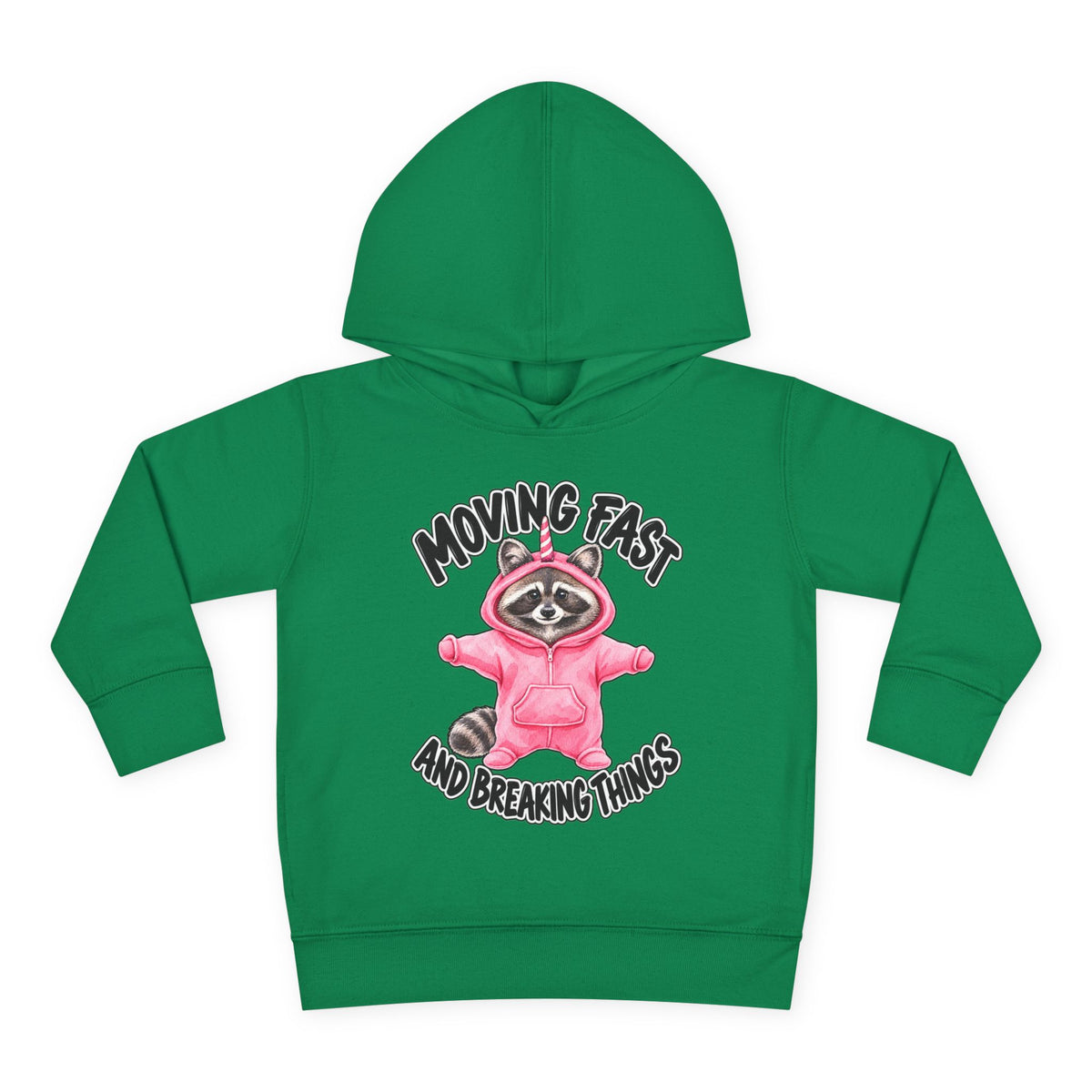 green childrens  hoodie with black text that reads MOVING FAST AND BREAKING THINGS around a racoon dressed in a pink onesie with a unicorn horn against a white background