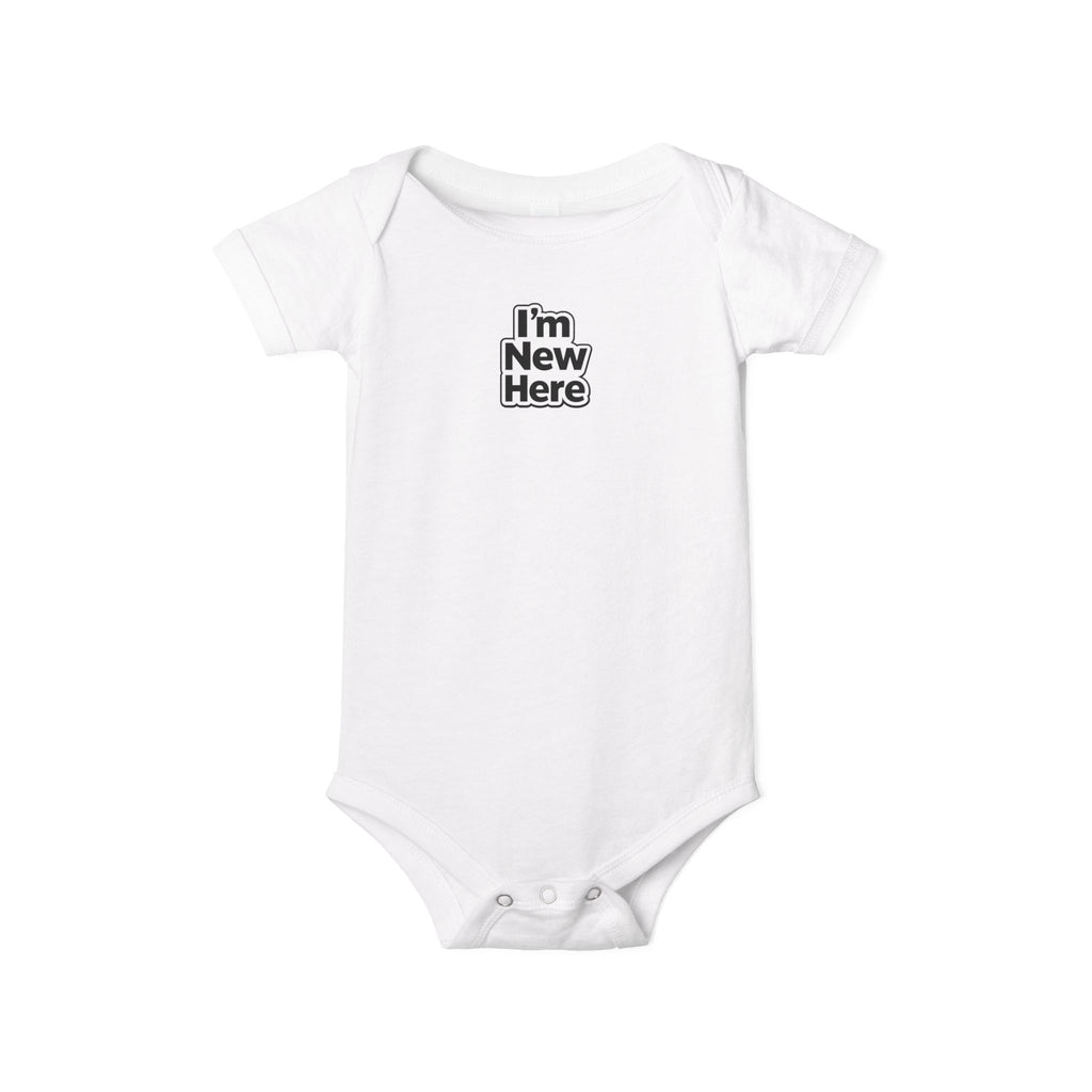 White baby onesie with 'I'm New Here' text on a white background