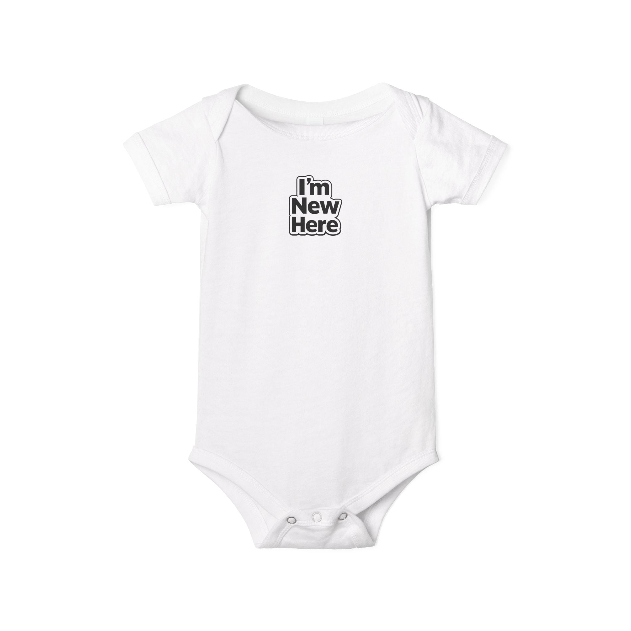 White baby onesie with 'I'm New Here' text on a white background