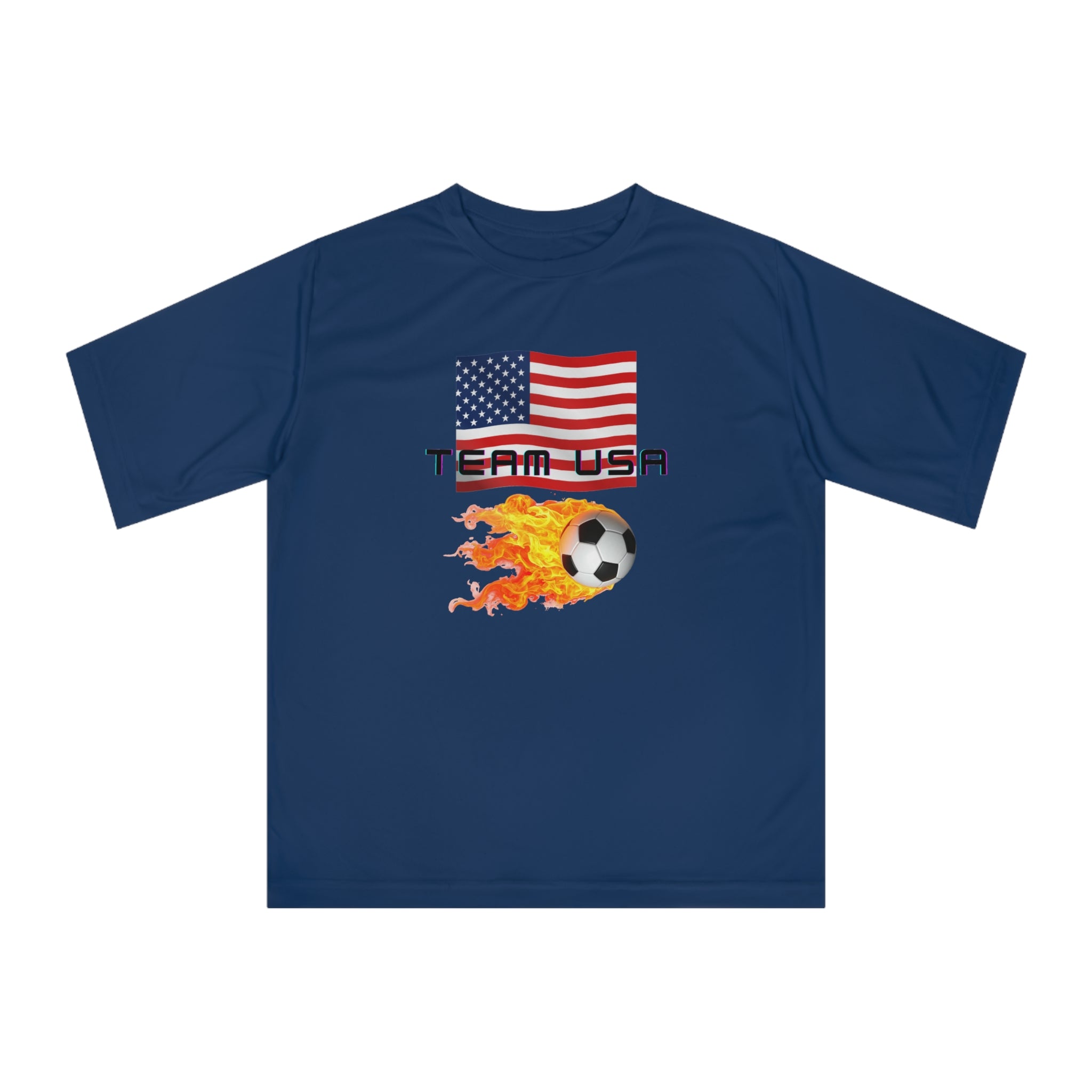 Team USA Flaming Soccer Ball T-Shirt — American Flag Soccer Tee with SPF protection - Mutantur Labs LLC