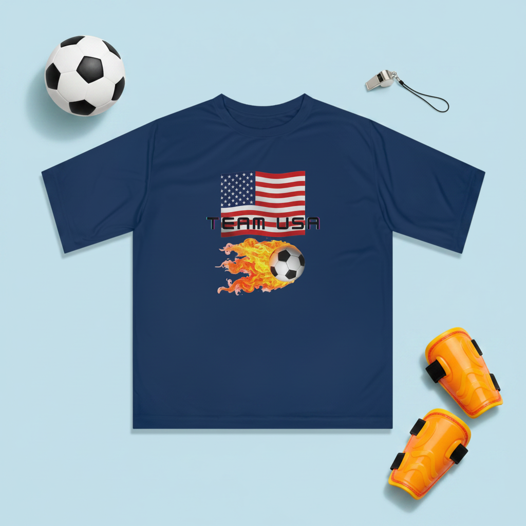 Team USA Flaming Soccer Ball T-Shirt — American Flag Soccer Tee with SPF Protection