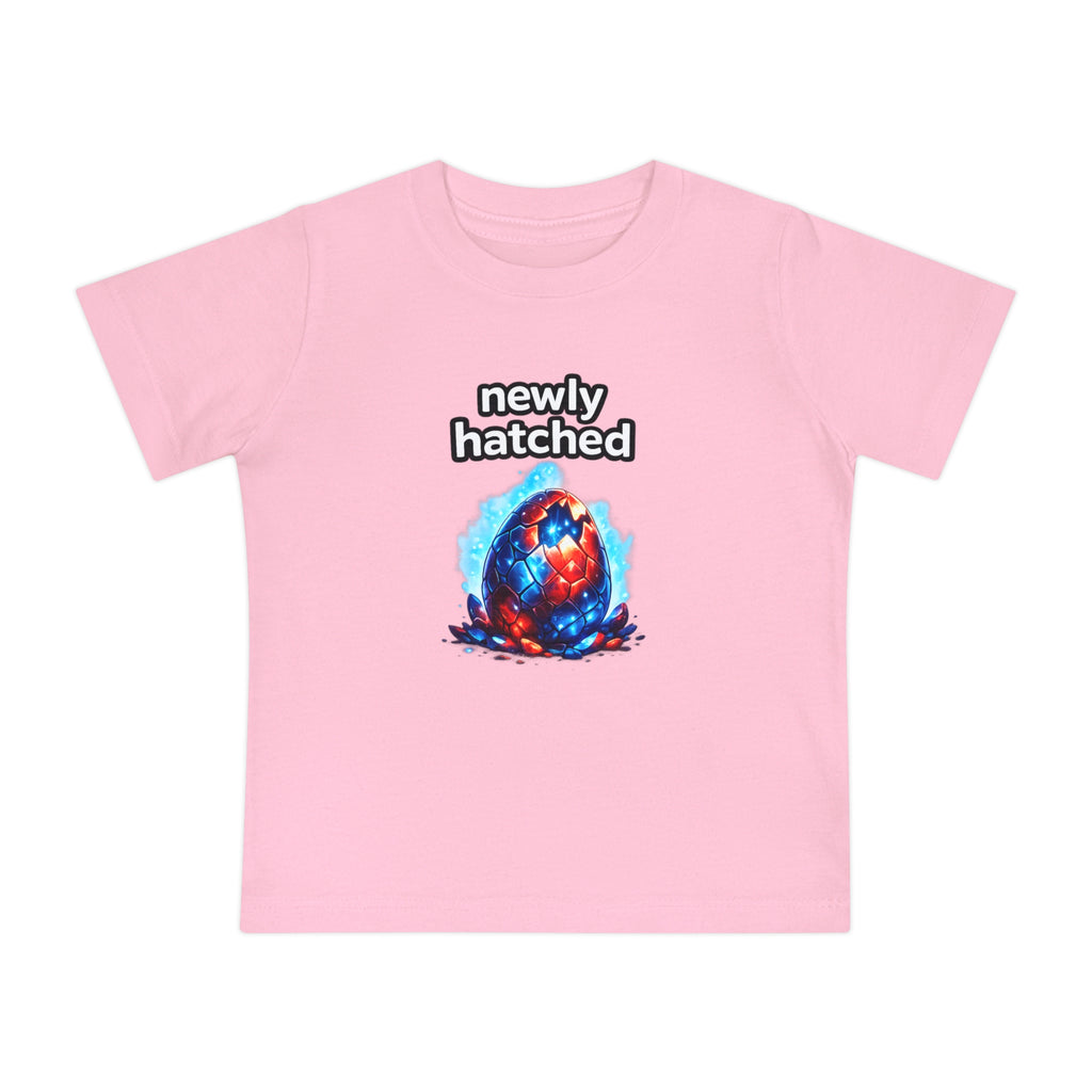 Pink t-shirt with 'newly hatched' graphic and colorful egg design on a white background