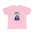 Pink t-shirt with 'newly hatched' graphic and colorful egg design on a white background