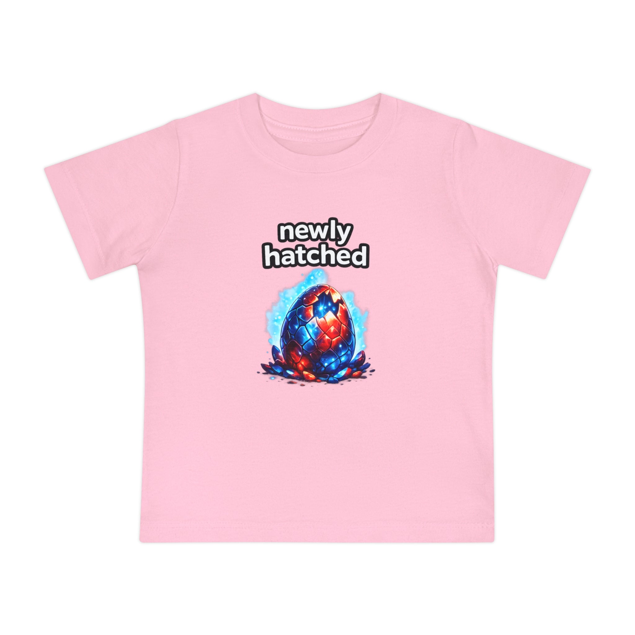 Pink t-shirt with 'newly hatched' graphic and colorful egg design on a white background