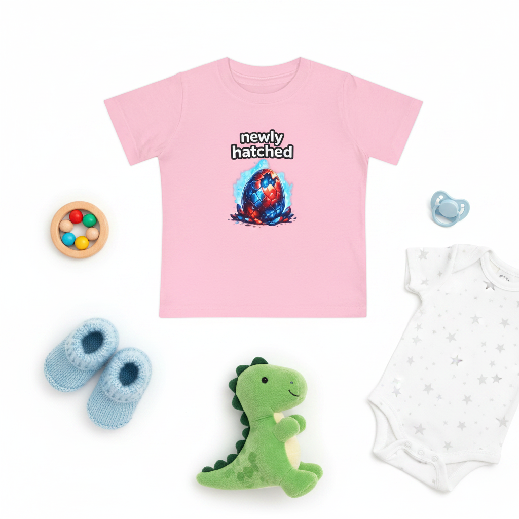 Pink t-shirt with 'newly hatched' graphic and colorful egg design on a white background