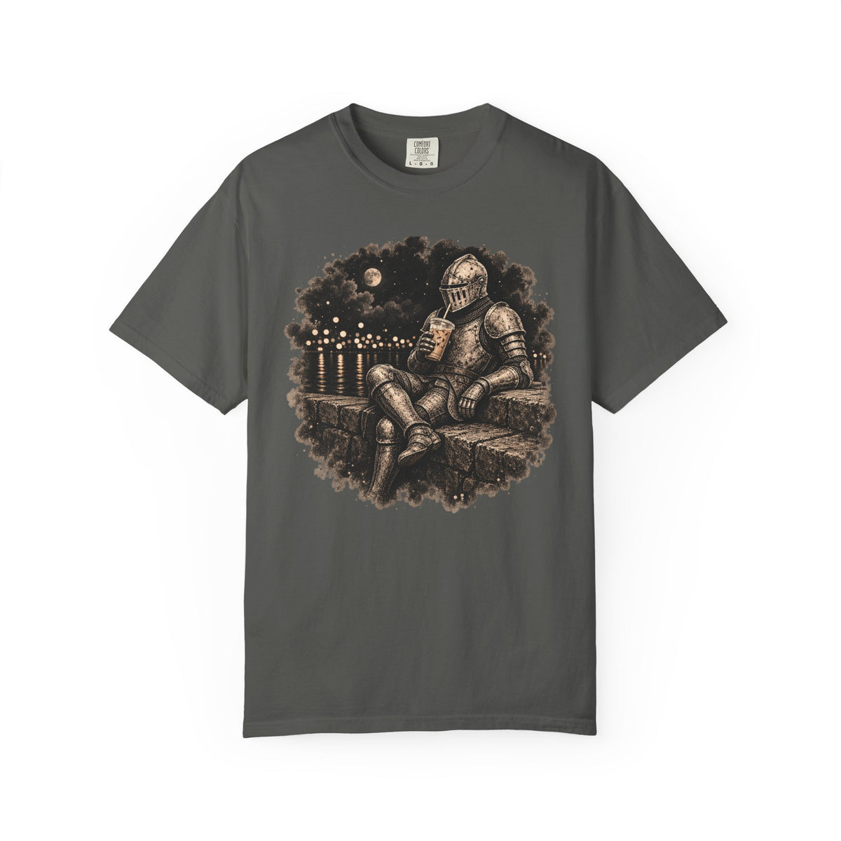 A dark green   short-sleeve crewneck t-shirt featuring a circular graphic print of a knight in armor sitting on a stone wall under a full moon, drinklng iced coffee 