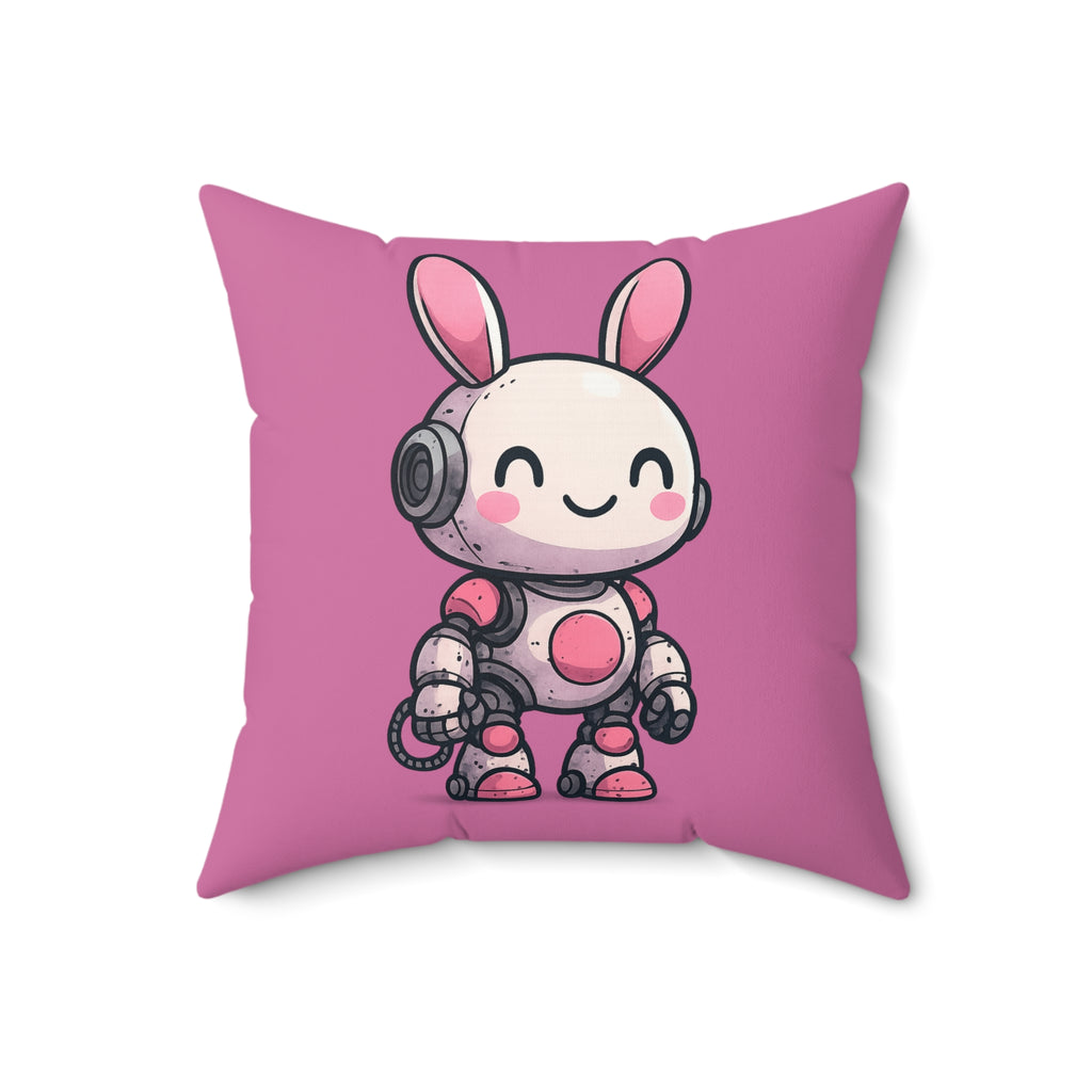 Happy Pink Robot Pillow – Whimsical Robot Bunny Square Throw Pillow