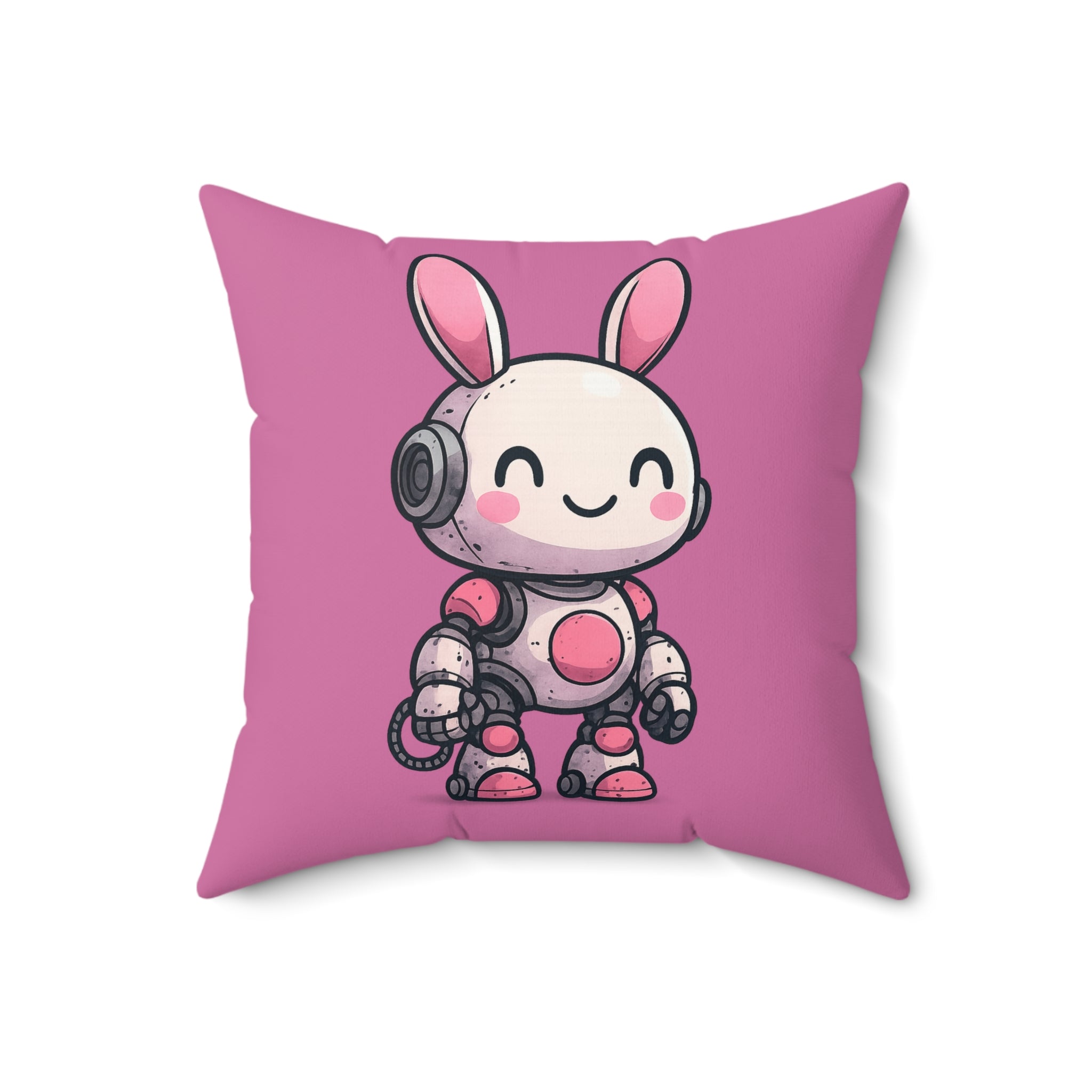 Happy Pink Robot Pillow – Whimsical Robot Bunny Square Throw Pillow