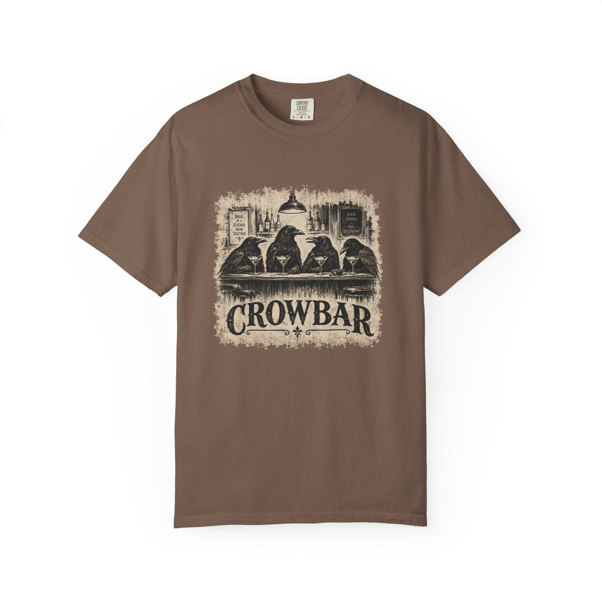 A brown short-sleeve crewneck t-shirt featuring a distressed black and beige graphic print of four crows sitting at a bar with the word 'CROWBAR' underneath, displayed on a clean white background.
