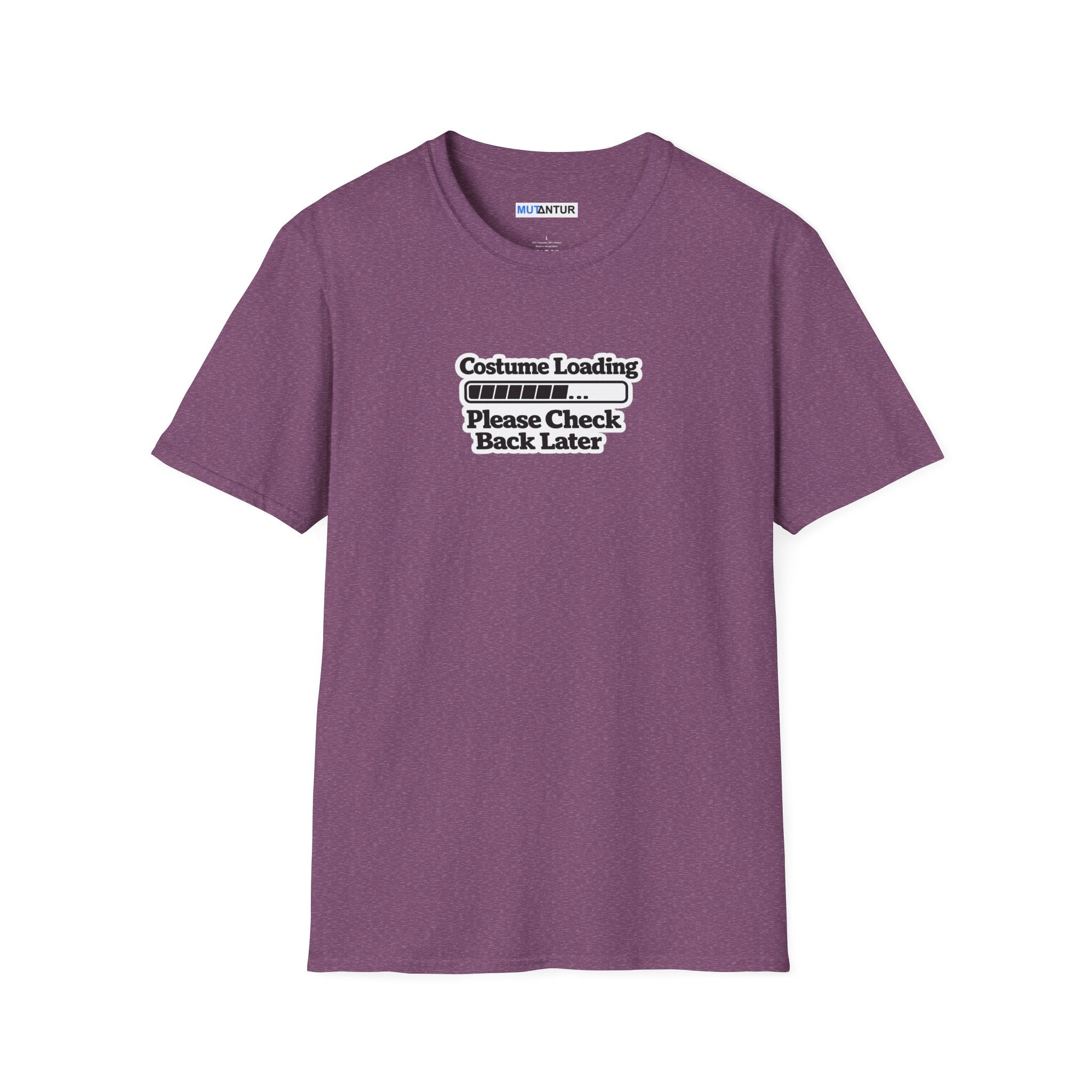 Purple crewneck t-shirt with a black graphic print on the chest that reads 'Costume Loading Please Check Back Later' with a progress bar,
