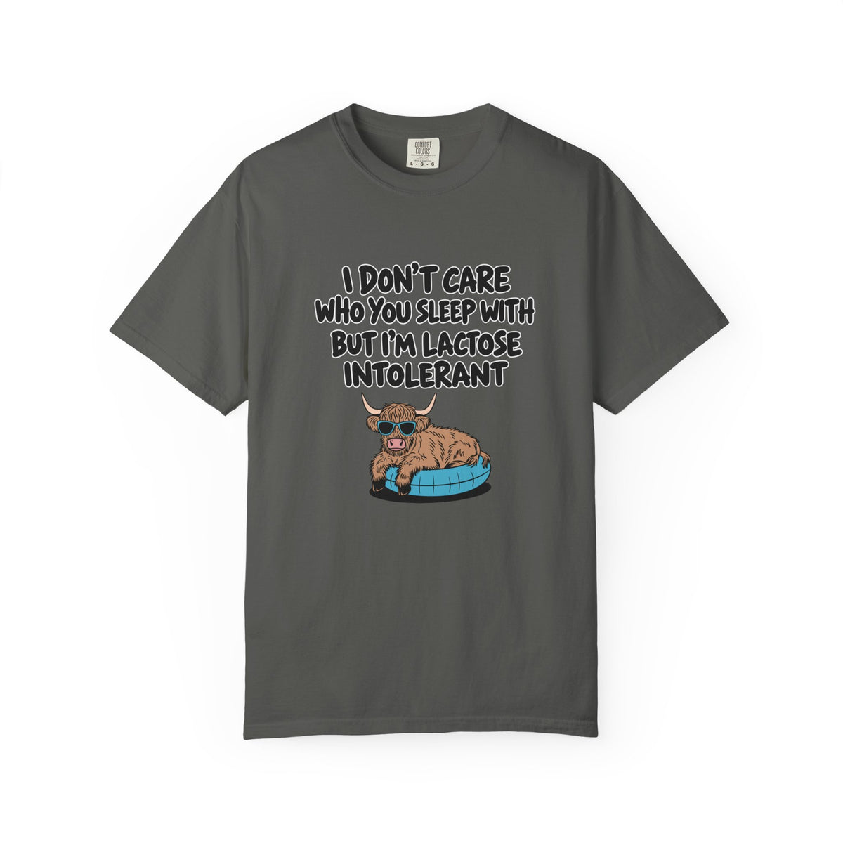 An grey short-sleeve t-shirt with a graphic print of a cartoon Highland cow sitting on a blue tire. The text above the cow reads, 'I DON'T CARE WHO YOU SLEEP WITH BUT I'M LACTOSE INTOLERANT' in a black hand-drawn font.