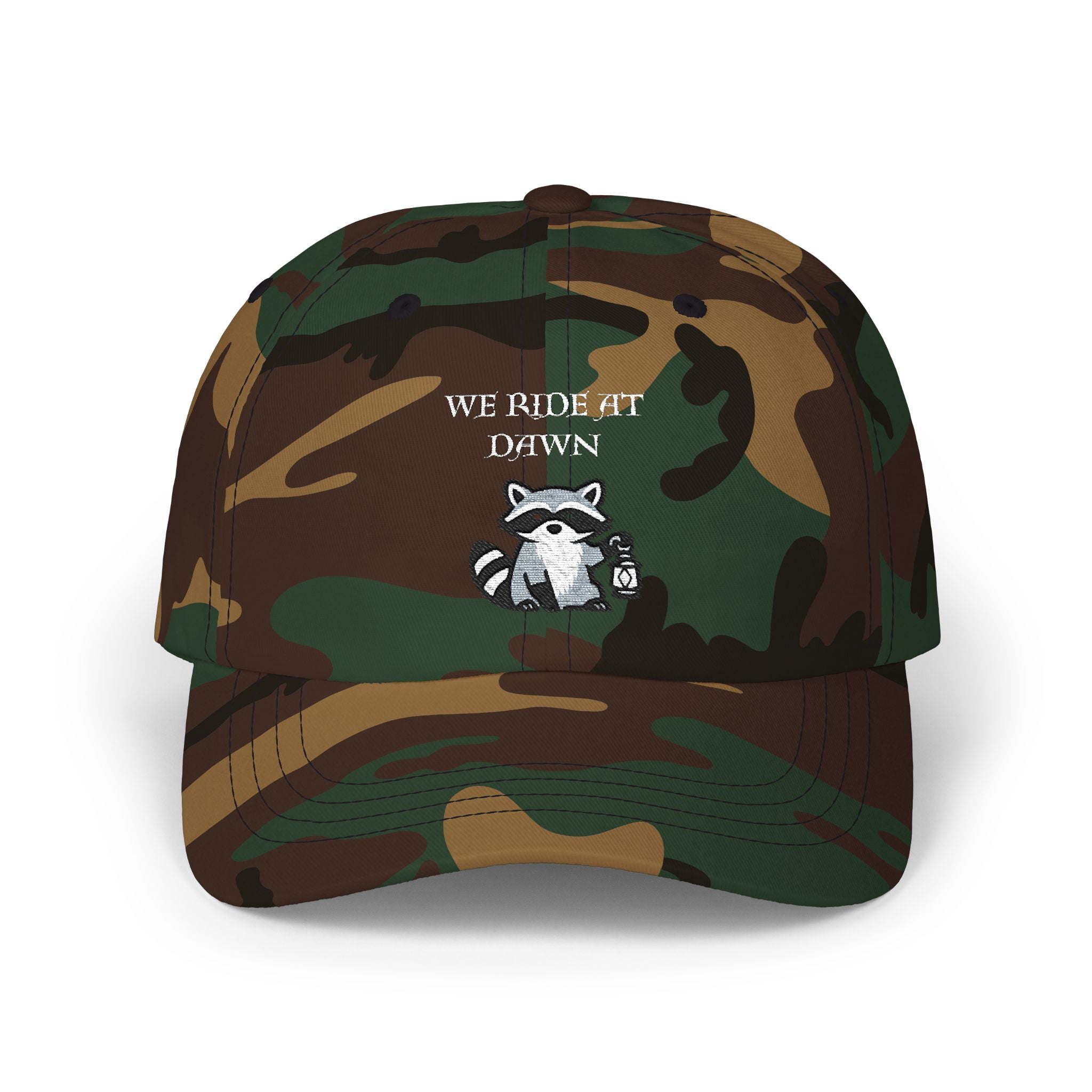 Raccoon Holding Lamp We Ride At Dawn Dad Cap | Classic Fantasy embroidered Baseball Hat - Mutantur Labs LLC