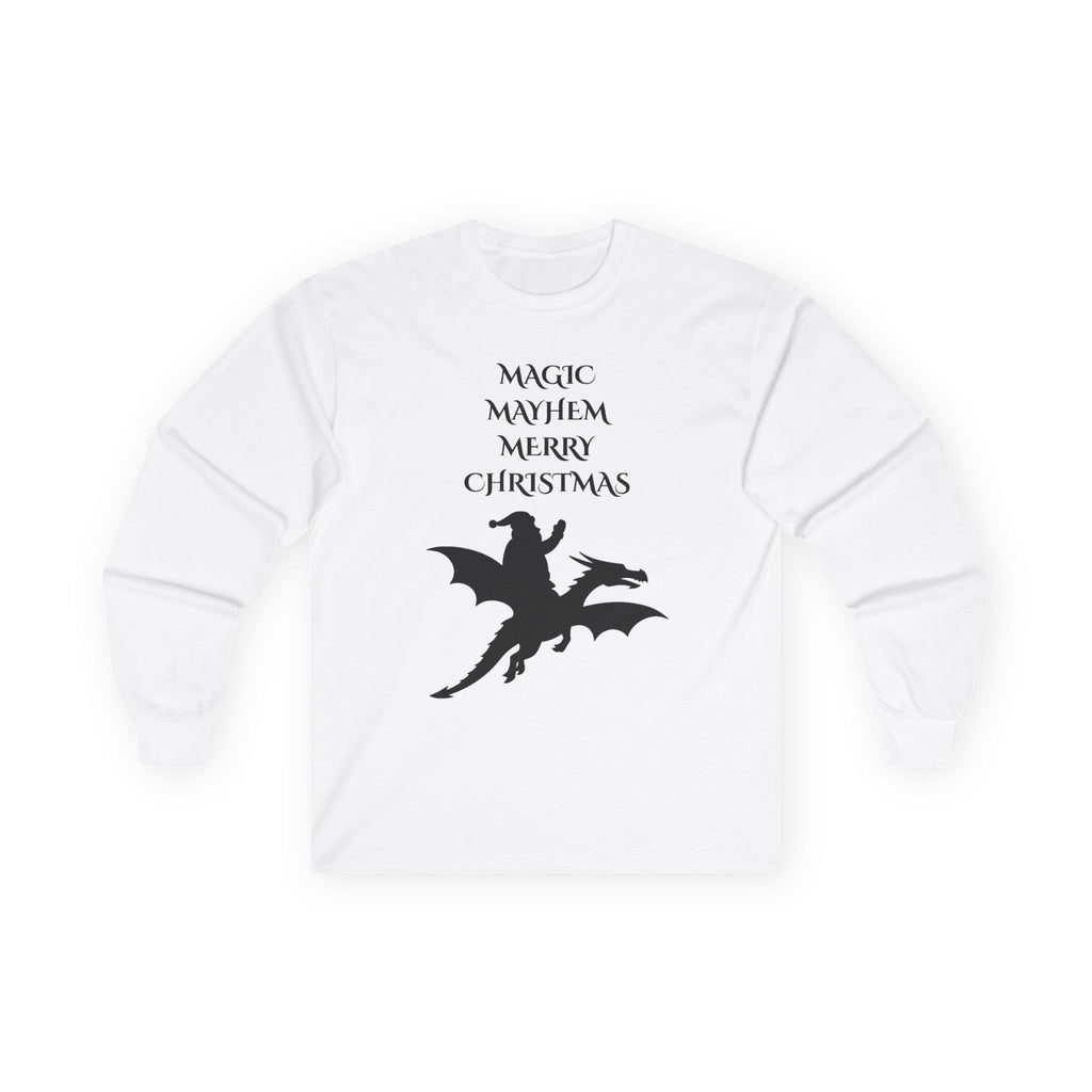 Magic Mayhem Merry Christmas Long Sleeve | Santa Dragon Silhouette Holiday Shirt