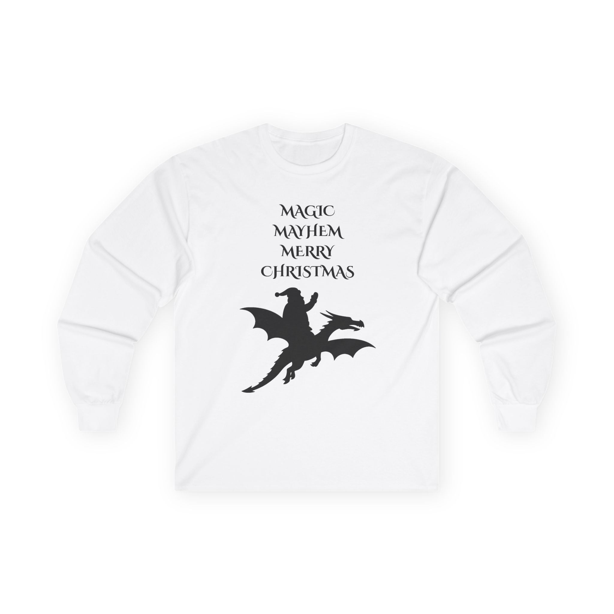 Magic Mayhem Merry Christmas Long Sleeve | Santa Dragon Silhouette Holiday Shirt