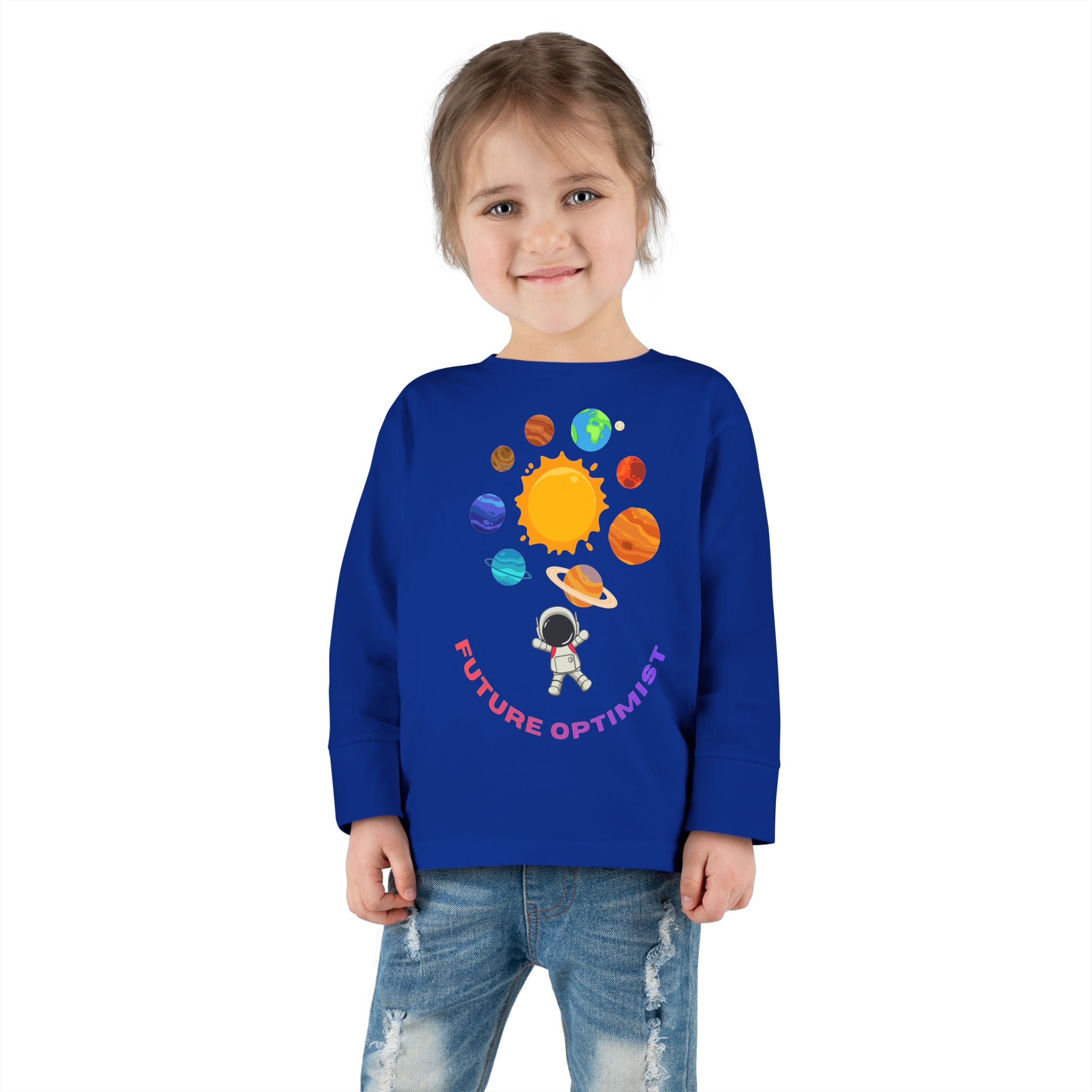 Future Optimist Astronaut toddler long sleeve tee | Solar System planets design - Mutantur Labs LLC