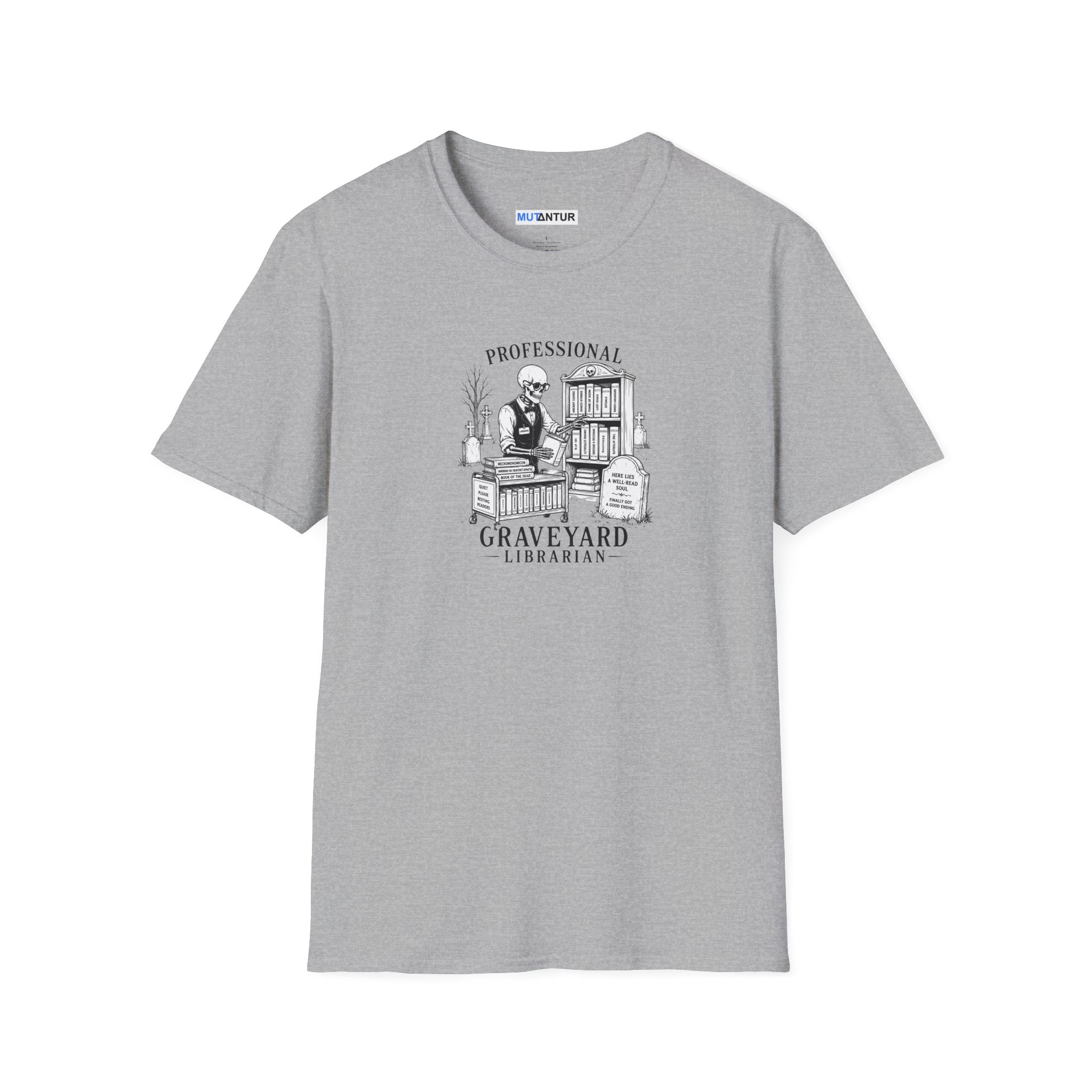 Gray short sleeved t shirt with a skeleton  graphic with the words Professional Graveyard Librarian