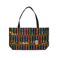 A tote bag featuring a detailed print of colorful fantasy book spines on wooden shelves, with black shoulder straps, shown against a plain white background.