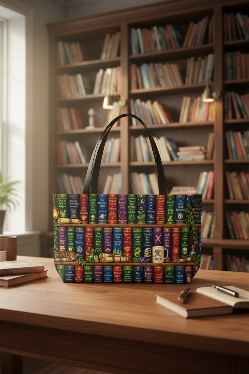 A tote bag printed with colorful book spines sits on a wooden table in front of a large bookshelf filled with books.